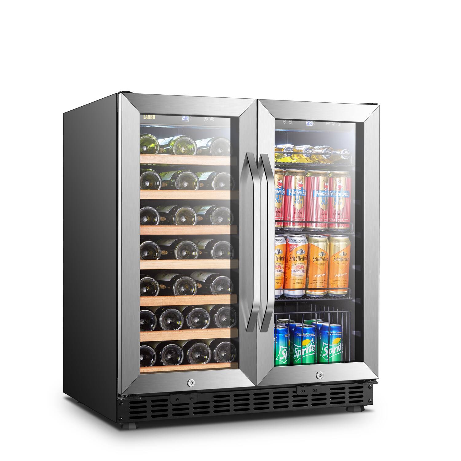 Left. Lanbo - 30 Inch width 76 Can 31 bottle  Freestanding/Built-In Wine and Beverage Cooler with French Doors and 2 Independent Zones - Black.