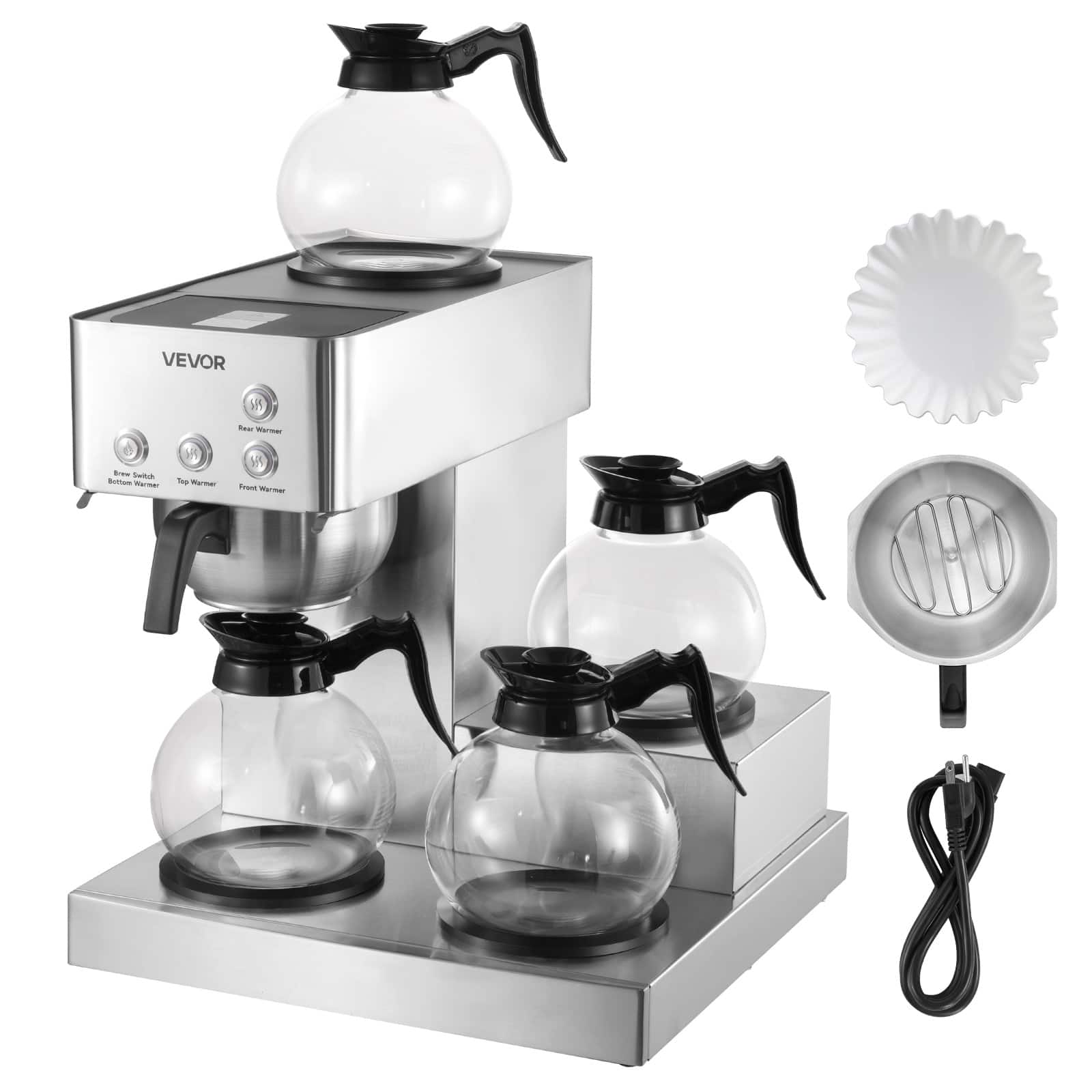 VEVOR - Commercial Drip Coffee Maker, 12 Cups Coffee-Maker Machine with 4 Glass Carafes and 4 Decanter Warmer Plates - Silver;Black