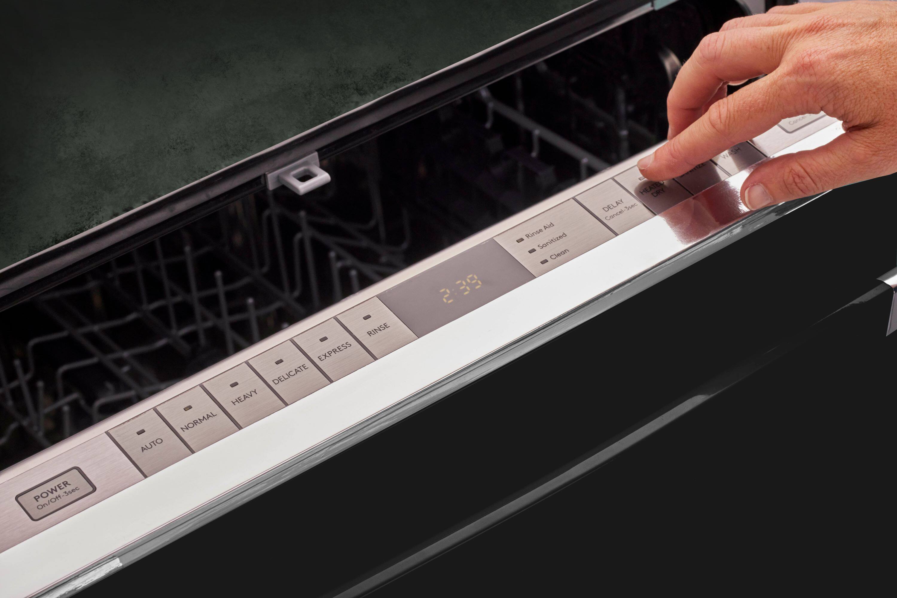 The text on the image is:

"W WESH RINSE EXPRESS DELICATE HEAVY NORMAL AUTO 2:39 2 Ald Rinse Sanitized Clean HEATEL HE DRY DELAY 2 sec Concel POWER n/OH Ssec Om"

Corrected text:

"W WASH RINSE EXPRESS DELICATE HEAVY NORMAL AUTO 2:39 2 2 sec Ald Rinse Sanitized Clean HEATEL HE DRY DELAY 2 sec Concel POWER n/OH Ssec Om"