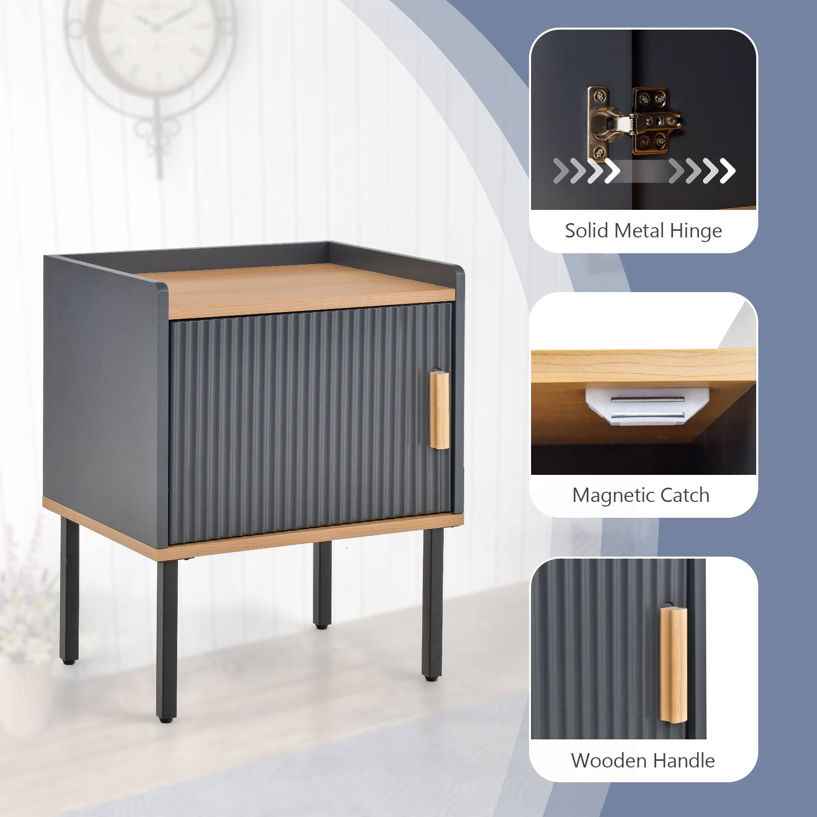 Solid Metal Hinge  
Magnetic Catch  
Wooden Handle