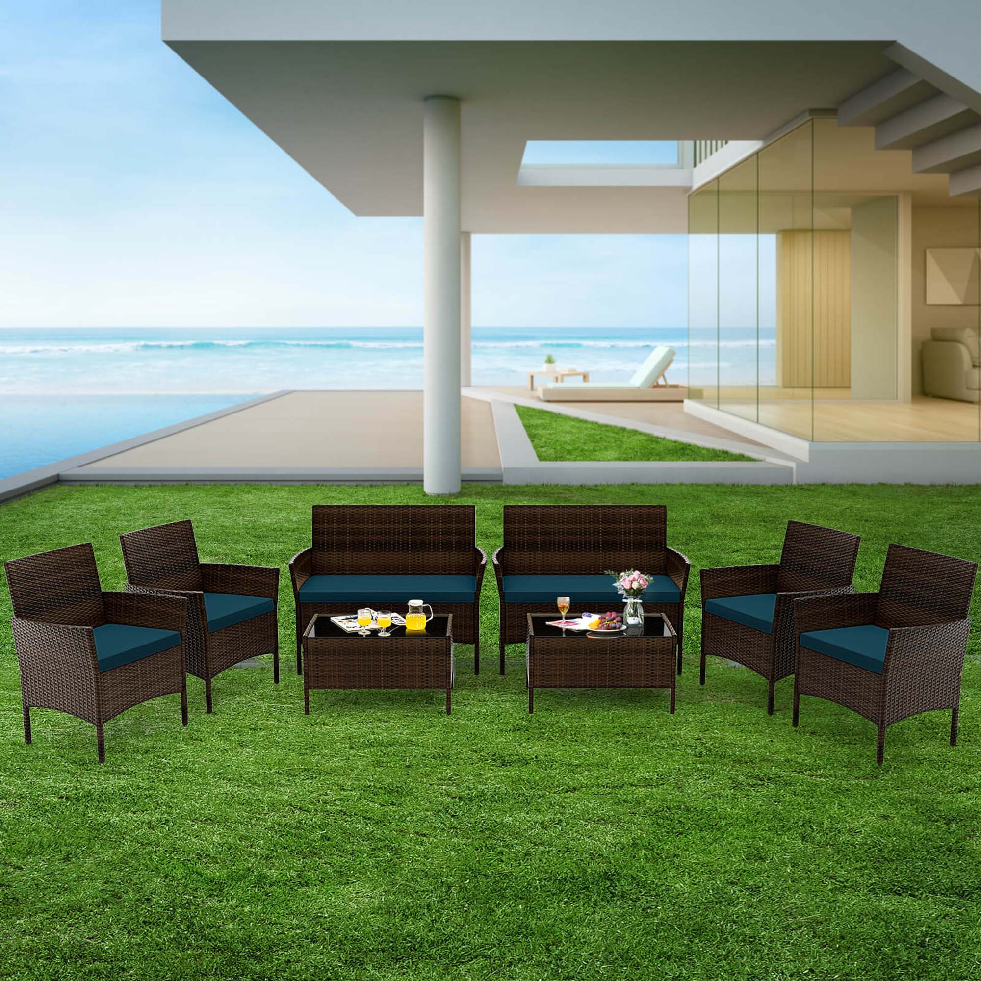 Alt View 1. Costway - Costway 8 PCS Patio Furniture Set with Washable Cushions and Tempered Glass Coffee Table - Blue.