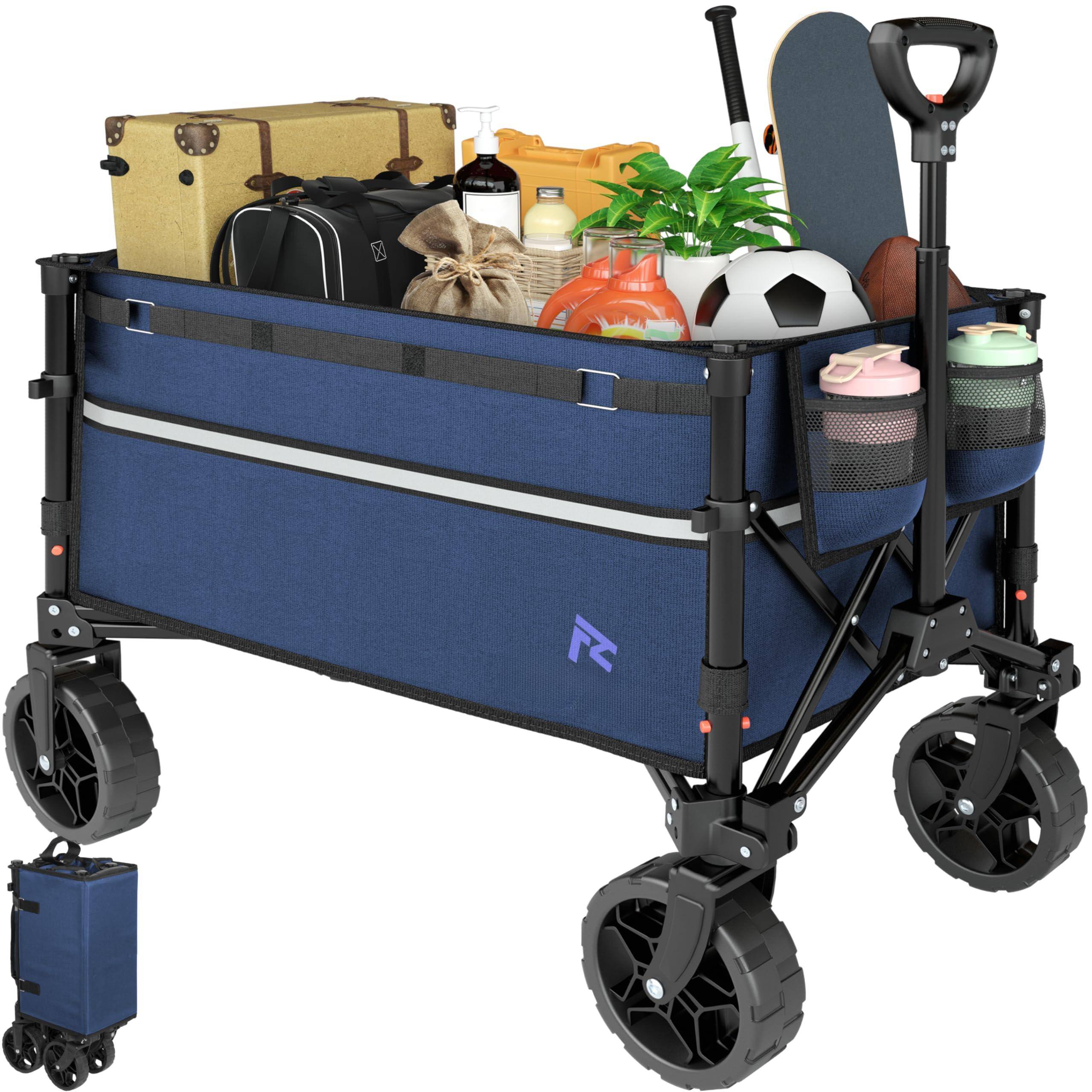 Front. JETRANSPORT - Collapsible Wagon Cart With Wheels Foldable - Folding Utility Heavy Duty Wagons Carts For Grocery Sports - Navy Blue 120L.