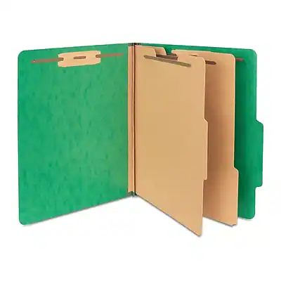 Front. Staples - Moisture Resistant Classification Folder, 2-Dividers, 2.5" Expansion, Letter Size, Green, 10/Box - Green.
