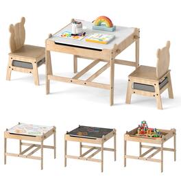 Costway - Kids Table and Chairs Set 4 in 1 Children Activity Table with Chalkboard for Arts - Gray,Natural