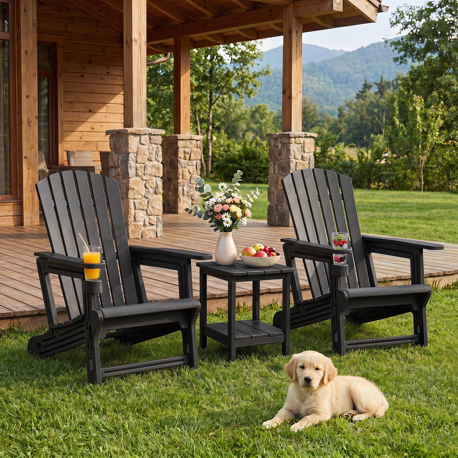 Alt View 1. Costway - Costway 1 PCS HDPE Adirondack Chair, All-Weather HDPE Patio Chairs with Cup Holder, High Backrest - Black.