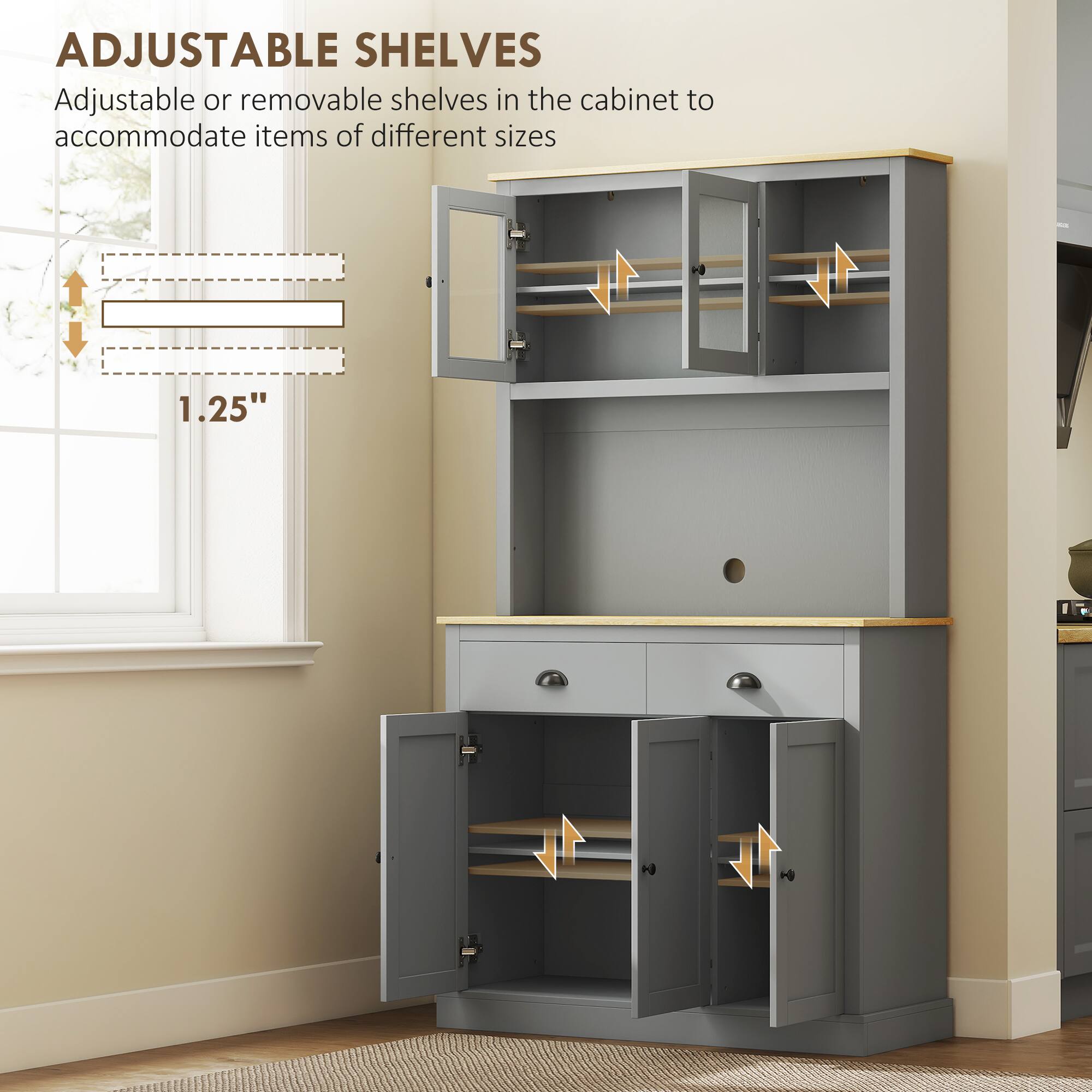 ADJUSTABLE SHELVES

Adjustable or removable shelves in the cabinet to accommodate items of different sizes

1.25"