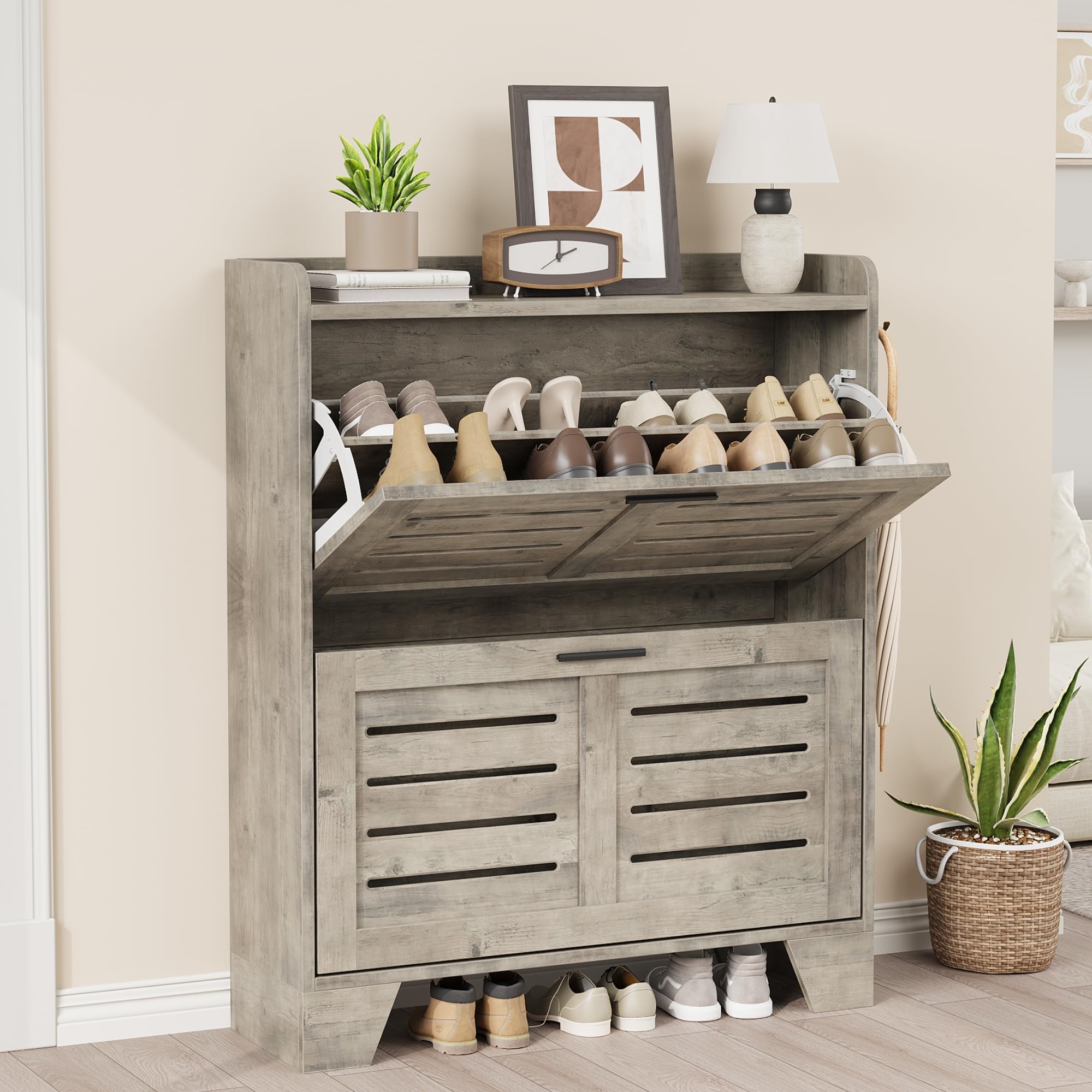 Left. Jojoka - Shoe Cabinet with 2 Flip Drawers, Freestanding Shoe Cabinet Organizer with Metal Legs, Farmhouse Shoes Storage Cabinet - Grey.