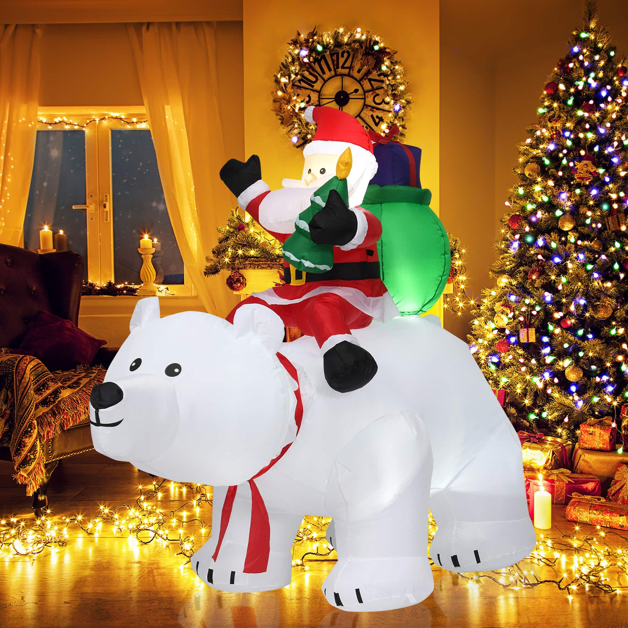 Gymax - 6.5ft Inflatable Christmas Santa Riding Polar Bear Decoration w/ LED Light - White
