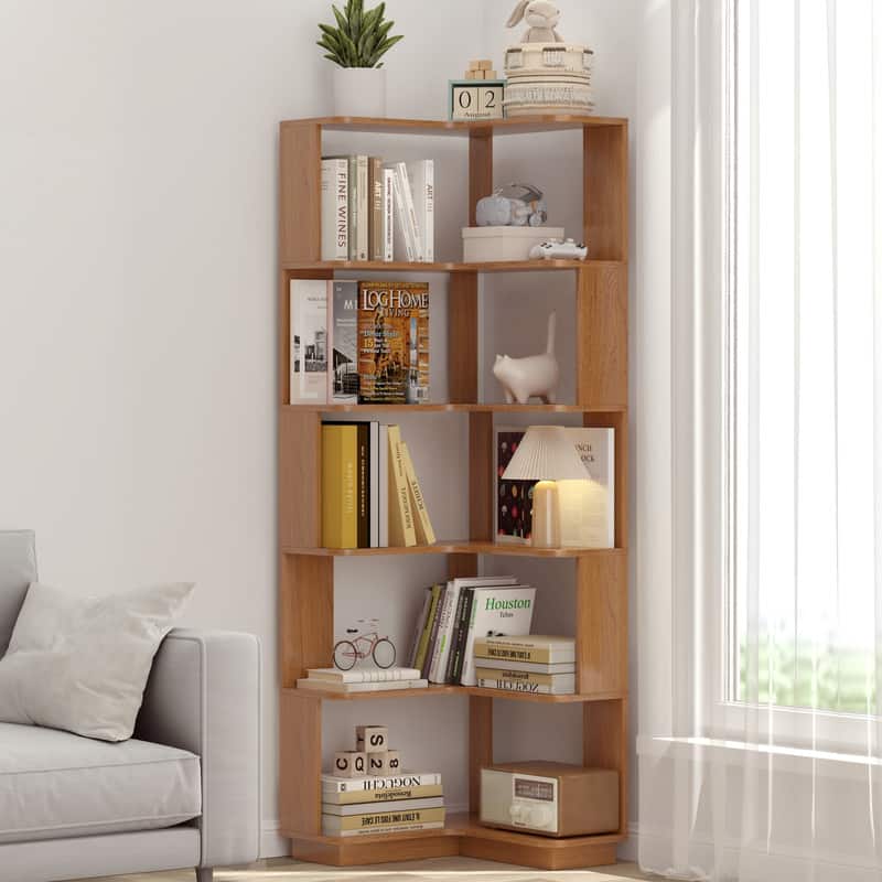 HTUTWOO - 6-Tier L-Shaped Corner Bookshelf, Space-Saving with Anti-Tipping Device for Living Room Bedroom Home Office - Brown