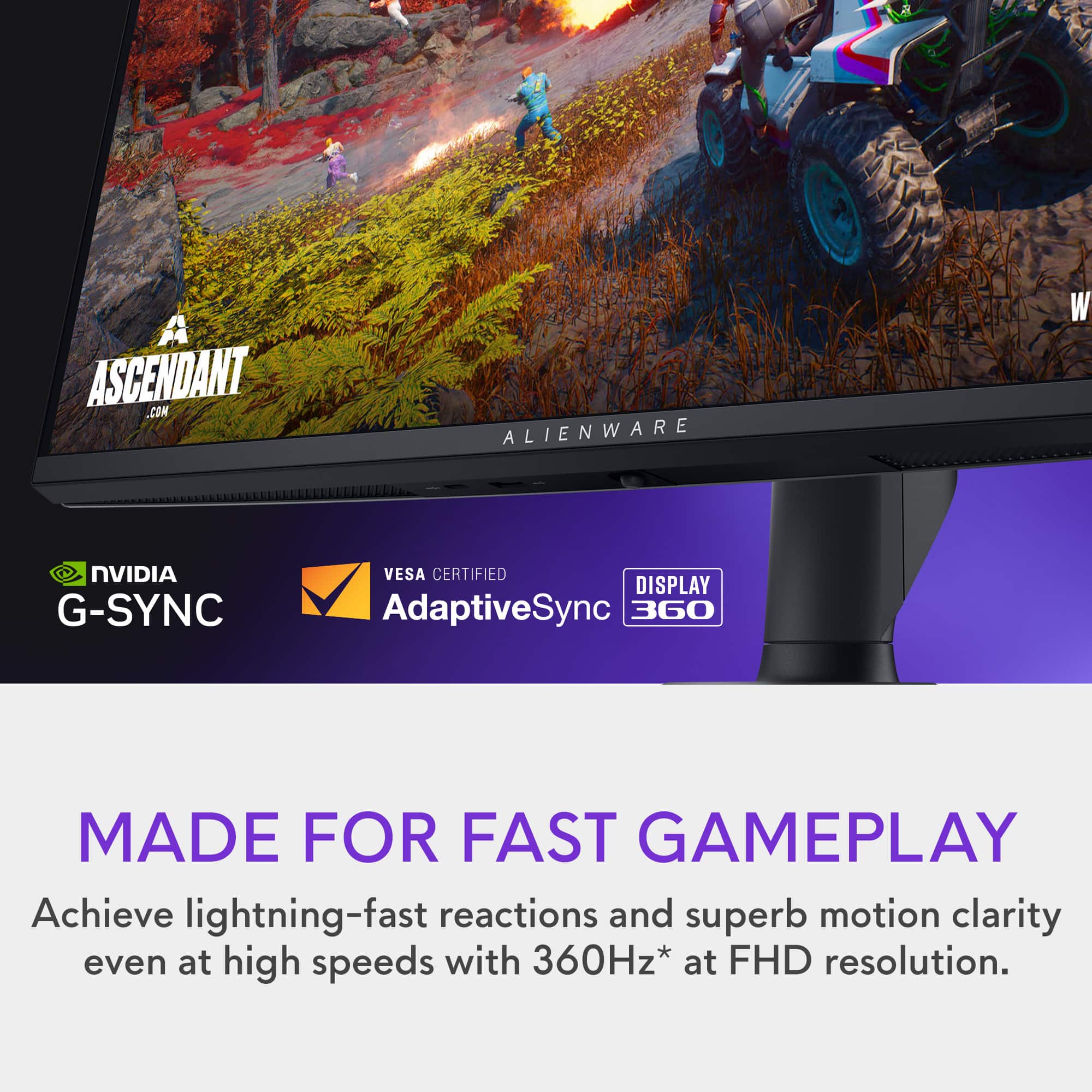 The text on the image reads: "Ascendant.com Alienware W NVIDIA G-SYNC VESA Certified Display AdaptiveSync 360 Made for Fast Gameplay Achieve lightning-fast reactions and superb motion clarity even at high speeds with 360Hz* at FHD resolution."