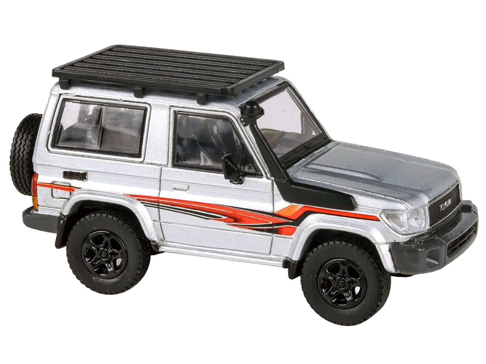 Angle. Paragon - 2014 Toyota Land Cruiser LC 71 Silver Metallic with Graphics 1/64 Diecast Model Car by Paragon Models - Silver Metallic.