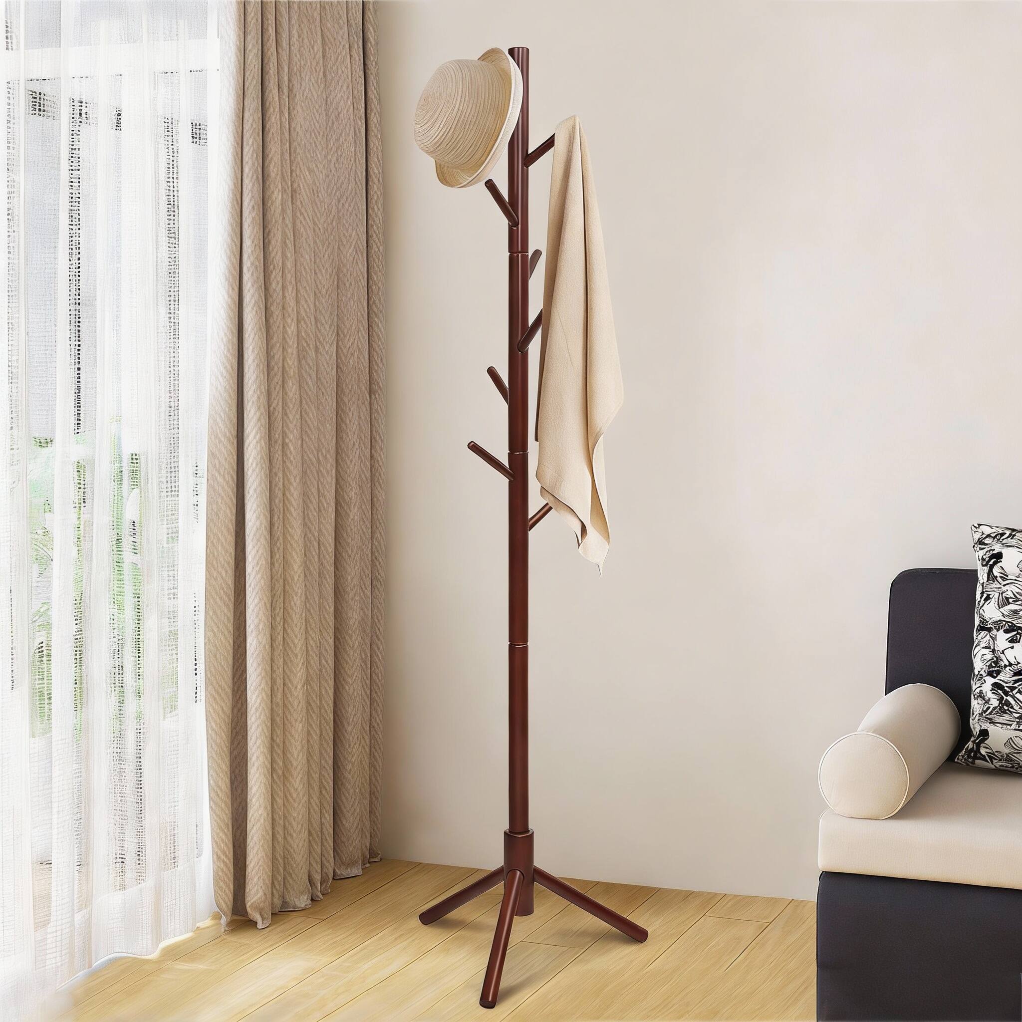 Alt View 2. Frangdom - Rubber Wood Coat Rack 8 Hooks Height Adjustable Freestanding - Grey 19"D x 19"W x 69"H.