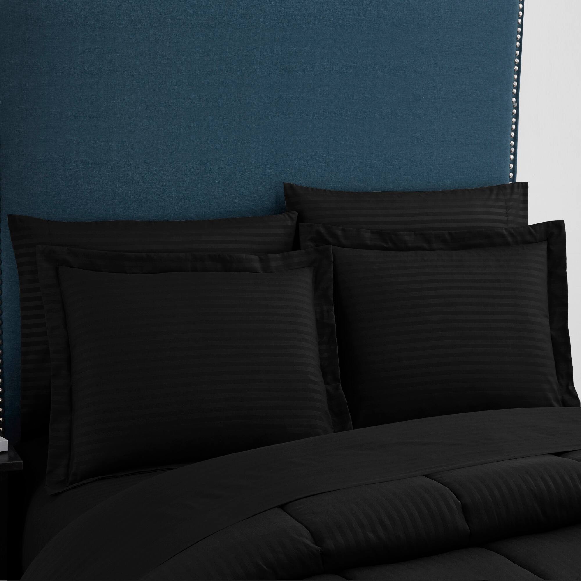 Angle. Sweet Home Collection - 8 Piece Embossed Dobby Stripe Bed in a Bag All Season Complete Set with Sheets - Queen - Black.