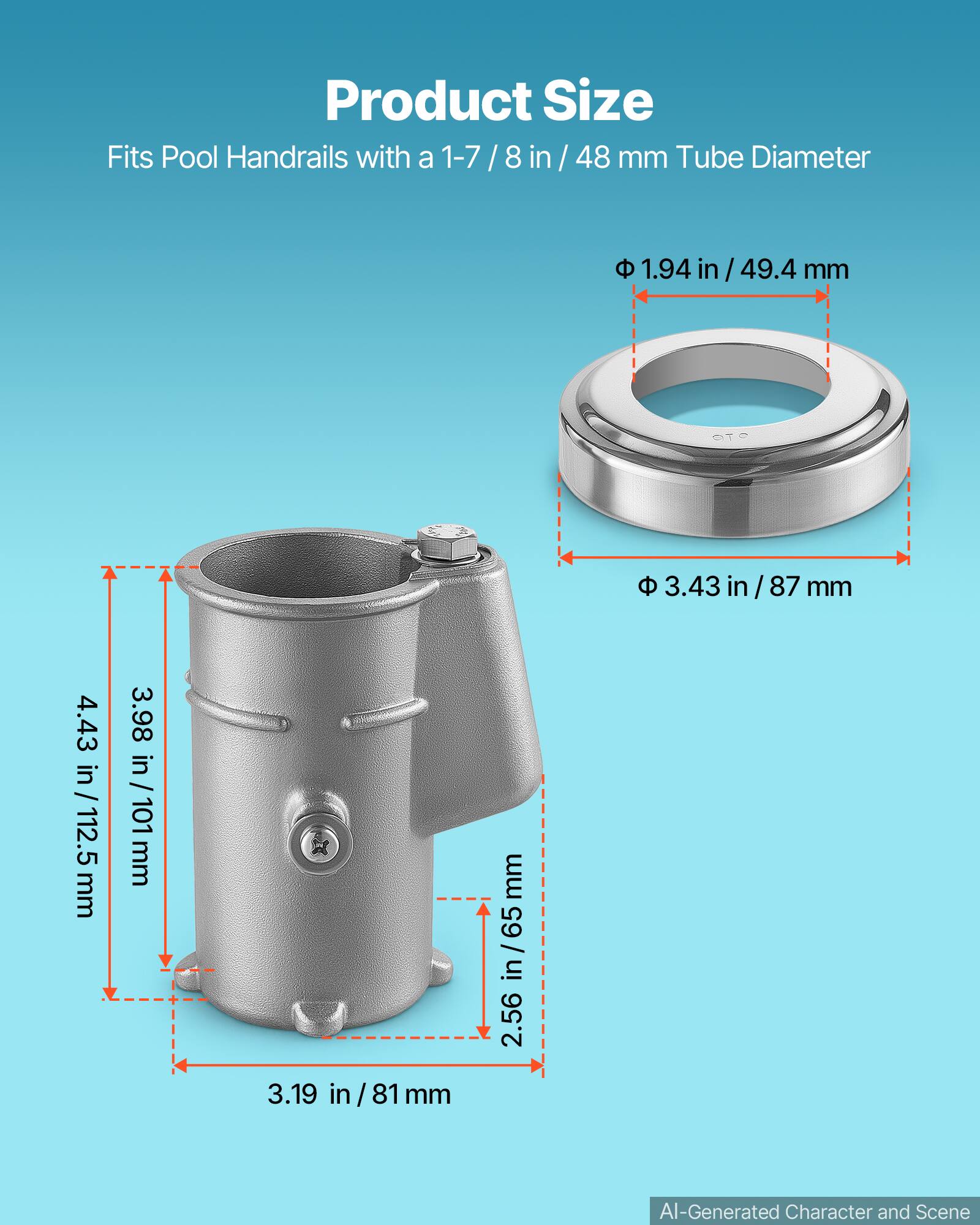 Product Size  
Fits Pool Handrails with a 1-7/8 in / 48 mm Tube Diameter  
1.94 in / 49.4 mm  
3.43 in / 87 mm  
4.43 in / 112.5 mm  
3.98 in / 101 mm  
3.19 in / 81 mm  
2.56 in / 65 mm
