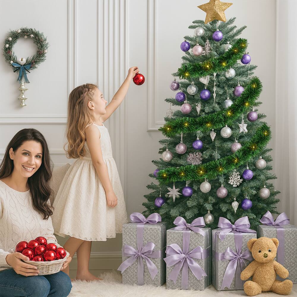 Alt View 2. MOVSSOU - 50 Ft Christmas Garland 100 LED Pre-lit Garland Green Artificial Pine Decorative Garland Xams Decor Warm White Lights - green.