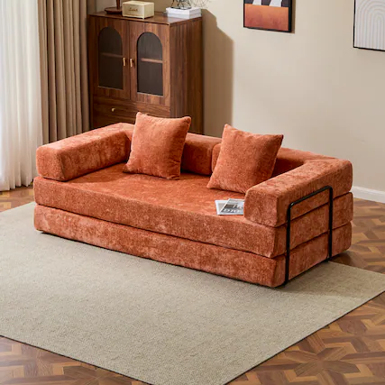 Front. Anysun - Chenille Convertible Floor Sofa Bed with Pillow Support & Armrest - Compression Couch Sleeper for Living Room & Bedroom - Orange.