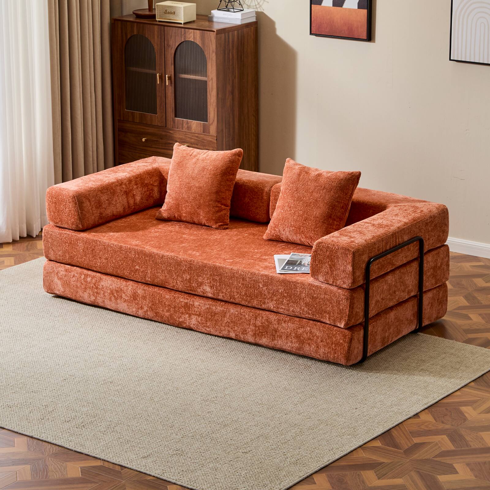 Angle. GOODSILO - Convertible Floor Sofa Bed - Futon Couch Lounge Sleeper with Pillow Back Support & Armrests - Orange.