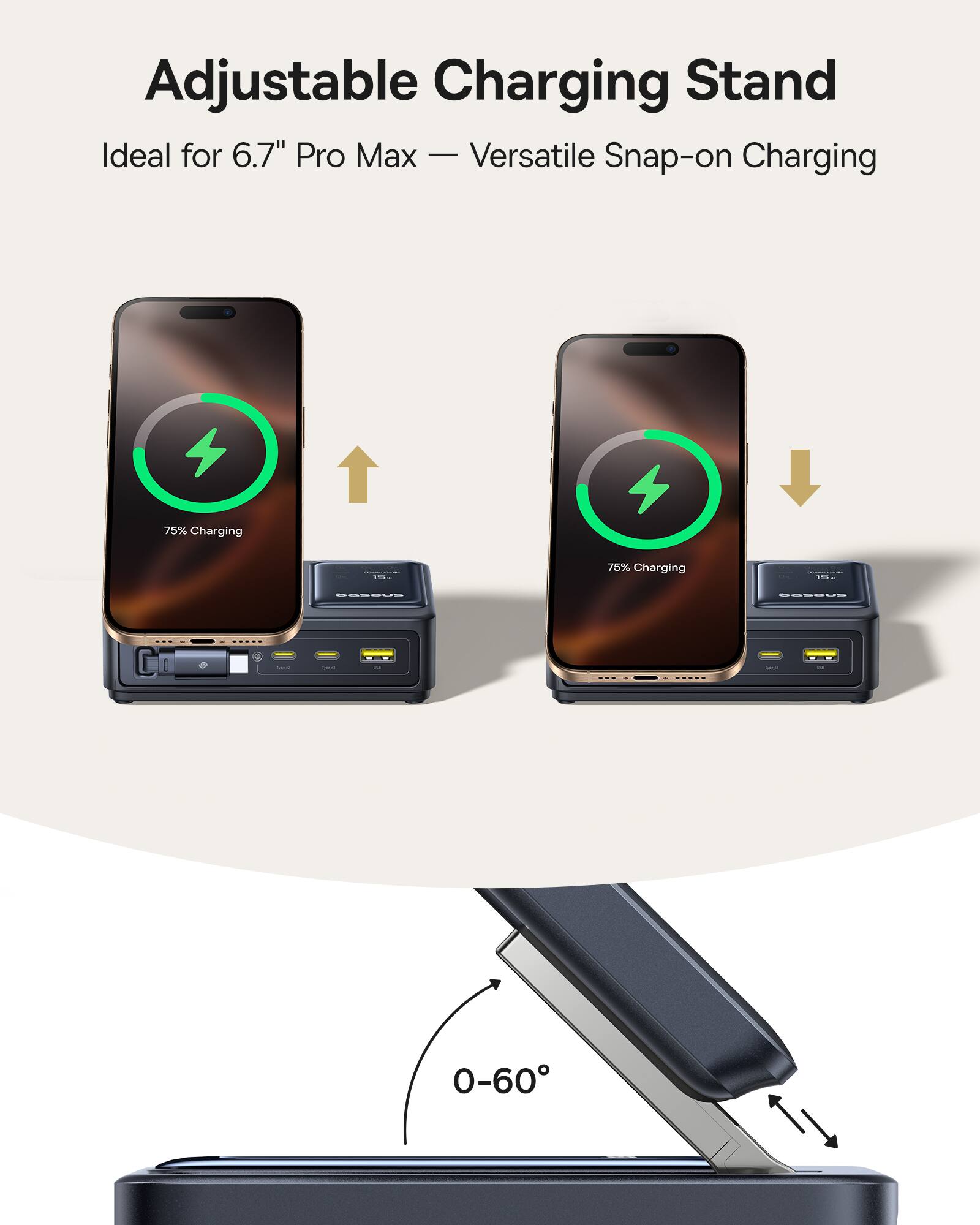 Adjustable Charging Stand: Ideal for 6.7" Pro Max - Versatile Snap-on Charging
