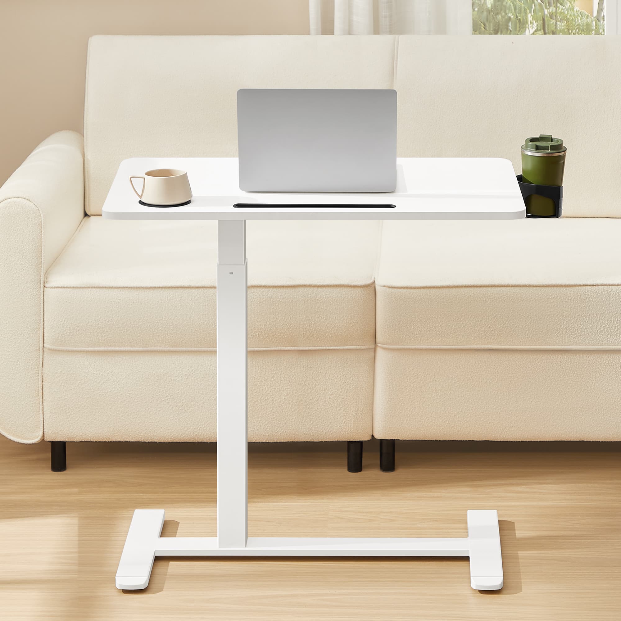 Songmics Home - Overbed Table with Hidden Casters, Mobile Computer Standing Desk,Adjustable Height,2 Cup Holders,Phone and Tablet Slot - Cloud White