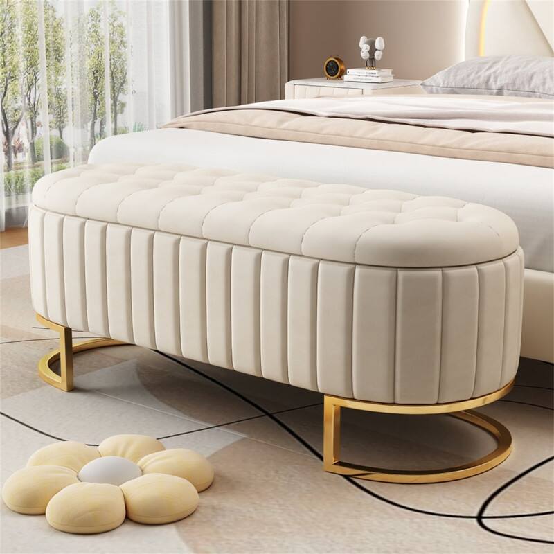 Back. HTUTWOO - Velvet Storage Ottoman Bench for Bedroom Room - Button-Tufted Upholstered Bench with Metal Legs, Assembled Except Legs - Beige.