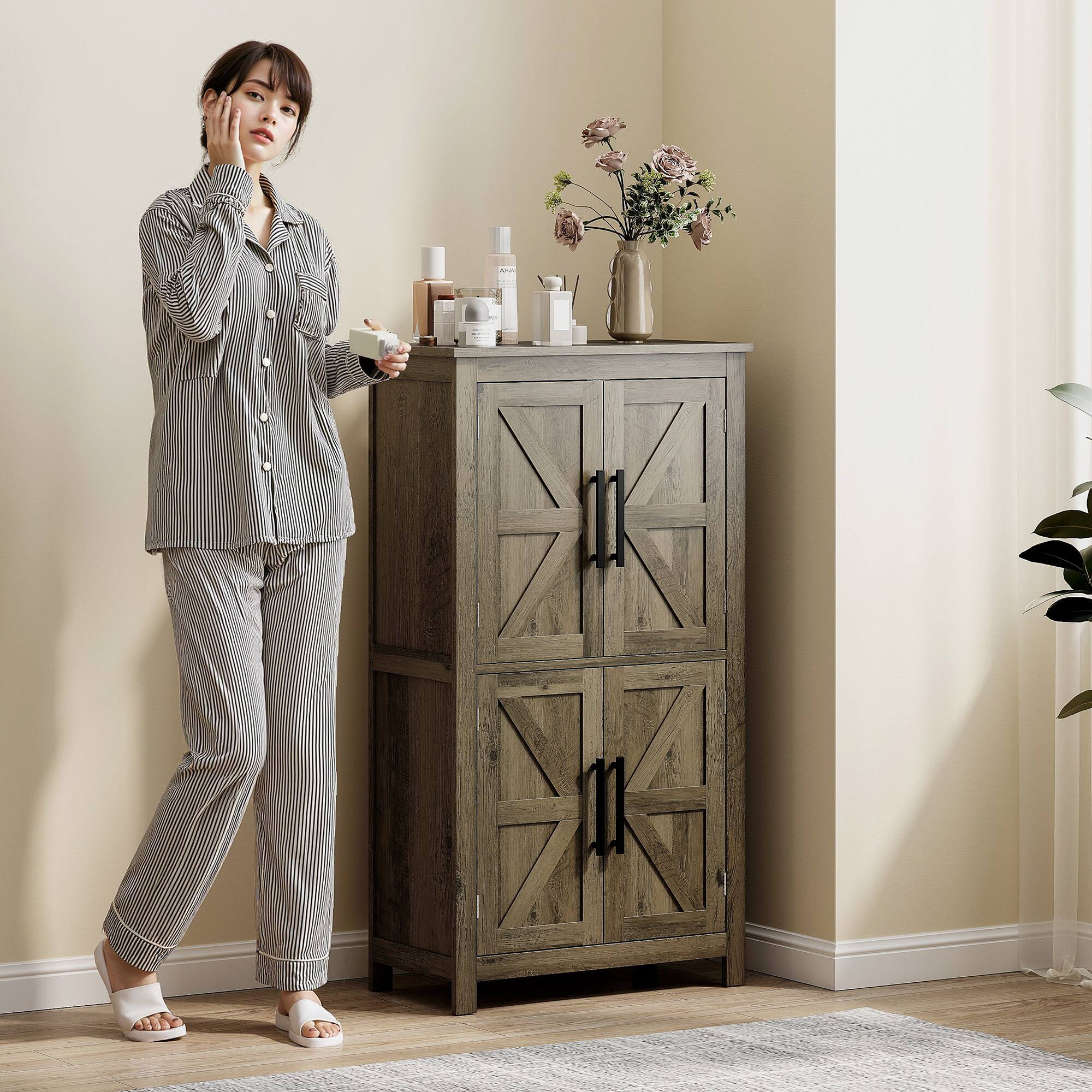 Alt View 8. Homcom - Farmhouse Bathroom Storage Cabinet with 4 Barn Doors, Bathroom Floor Cabinet with 2 Adjustable Shelf - Brown.