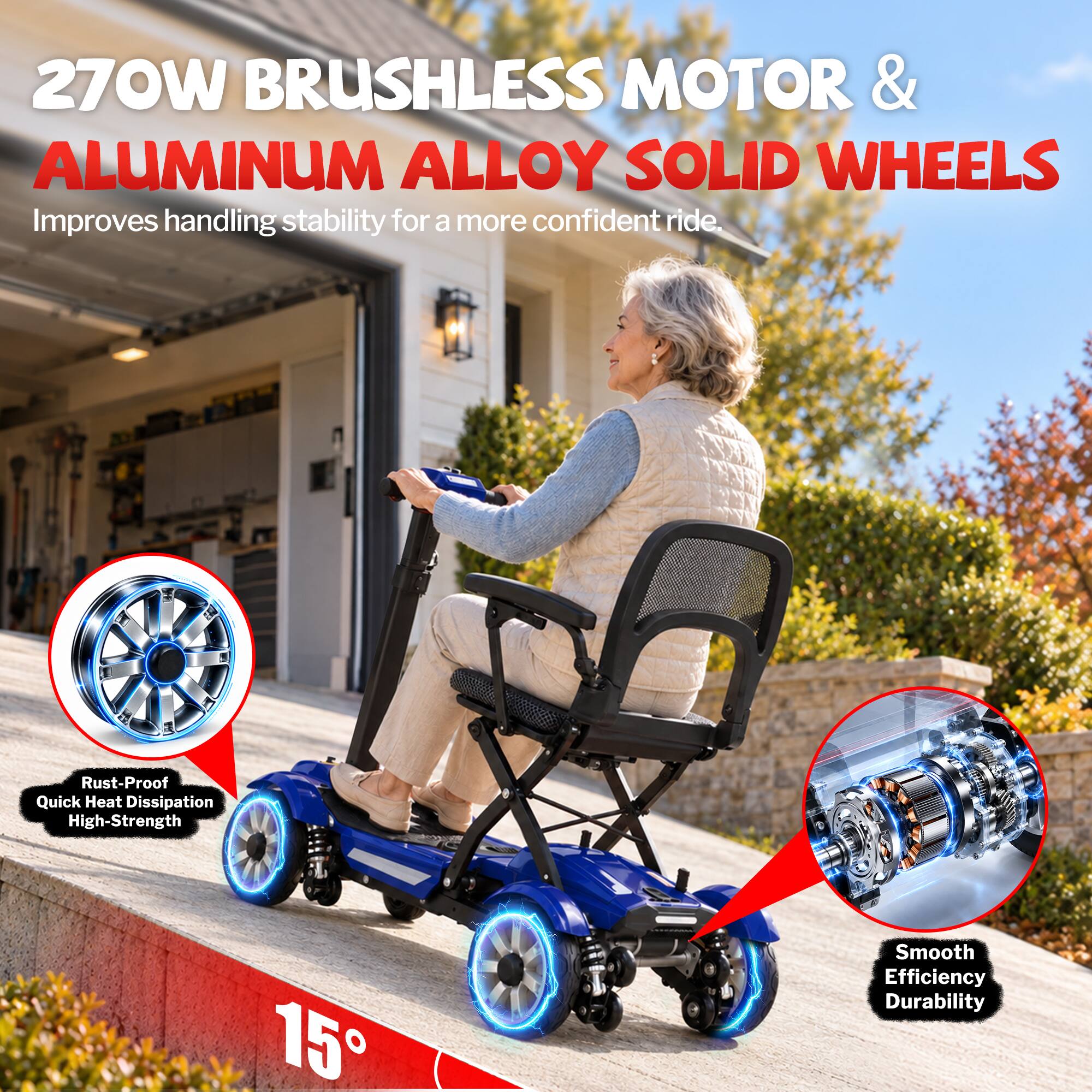 270W BRUSHLESS MOTOR & ALUMINUM ALLOY SOLID WHEELS  
Improves handling stability for a more confident ride.  

Rust-Proof Quick Heat Dissipation High-Strength  

15°  

Smooth Efficiency Durability
