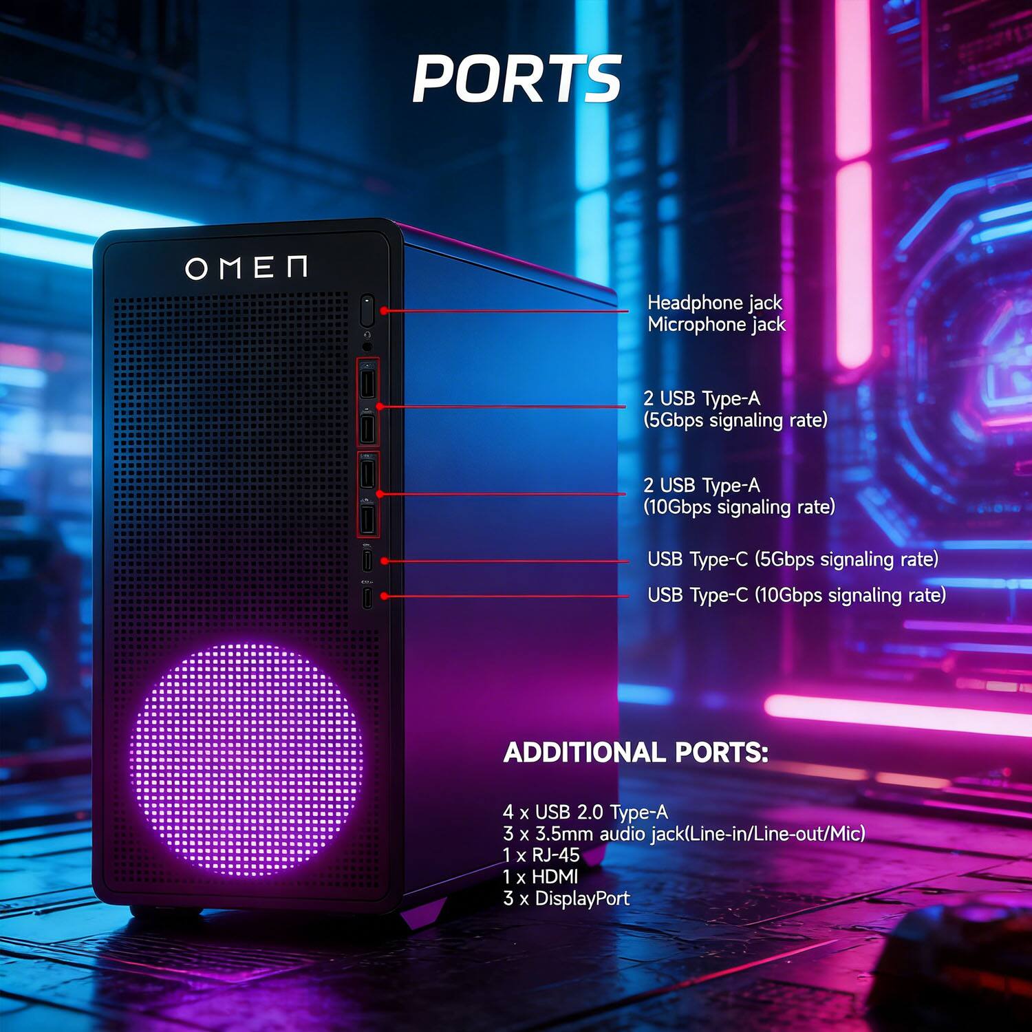**PORTS**

- Headphone jack
- Microphone jack
- 2 USB Type-A (5Gbps signaling rate)
- 2 USB Type-A (10Gbps signaling rate)
- USB Type-C (5Gbps signaling rate)
- USB Type-C (10Gbps signaling rate)

**ADDITIONAL PORTS:**

- 4 x USB 2.0 Type-A
- 3 x 3.5mm audio jack (Line-in/Line-out/Mic)
- 1 x RJ-45
- 1 x HDMI
- 3 x DisplayPort