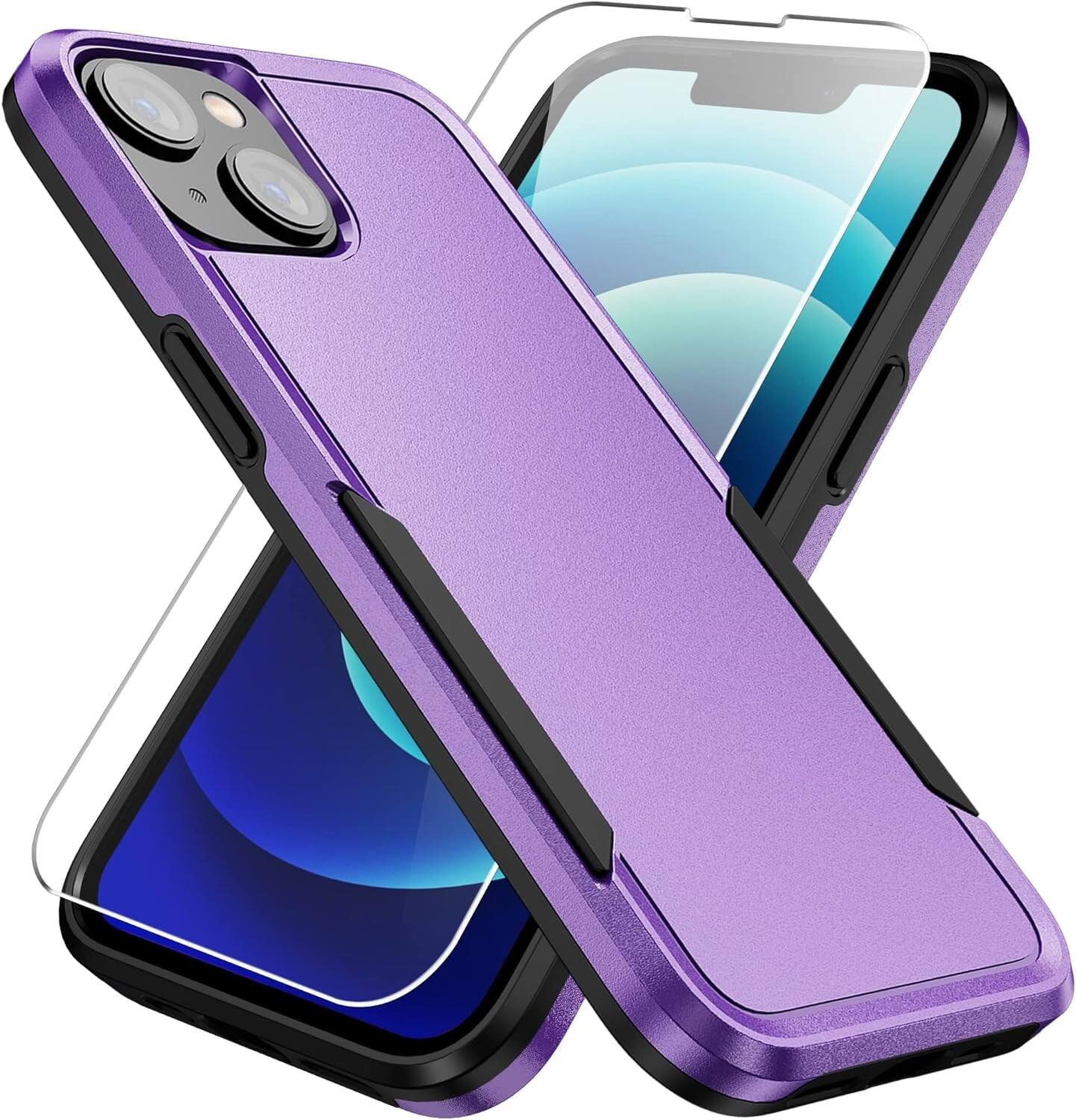 Entronix - Heavy Duty Bundle for iPhone 14 Plus - Clear Screen Protector & Case - Purple