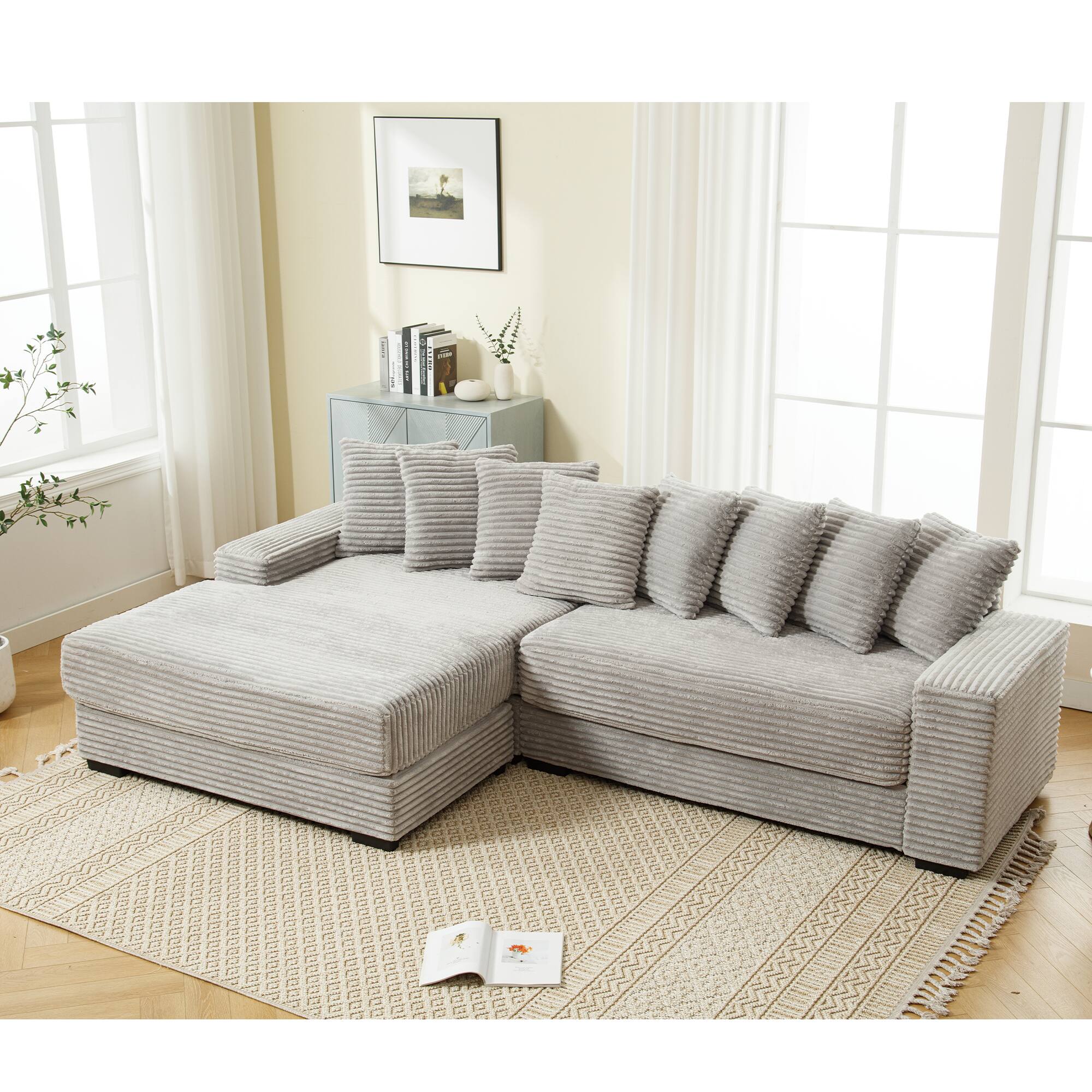 Alt View 8. Tiramisubest - Oversized Two-Piece Couches,L Shaped Sofa,Corduroy,Left Chaise Daybed with Armrests,Eight Throw Pillows,Gray - Gray.