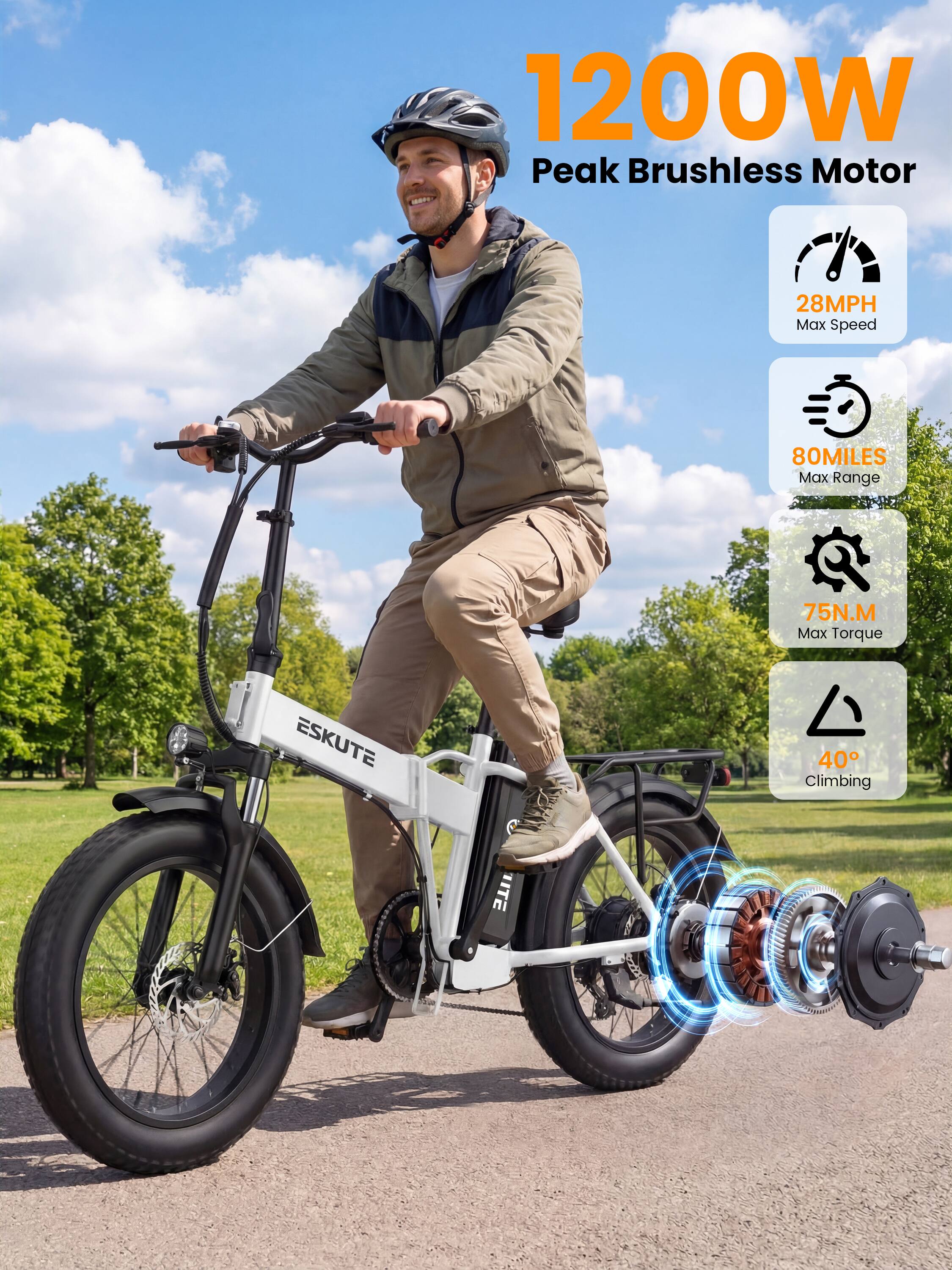 1200W Peak Brushless Motor  
28MPH Max Speed  
80MILES Max Range  
75N.M Max Torque  
ESKUTE  
40 Climbing