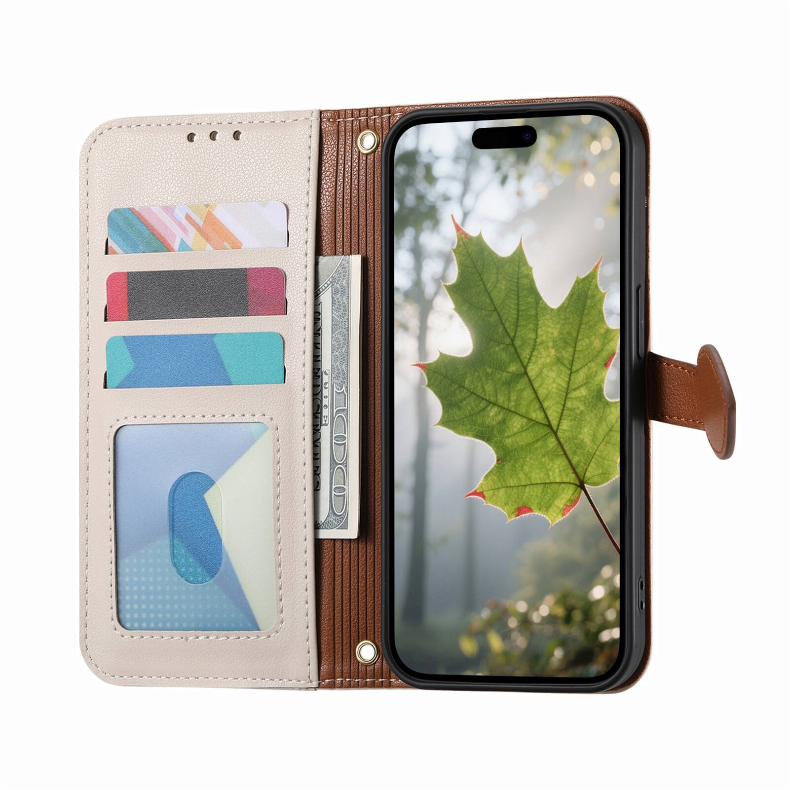 Left. Dteck - for Samsung Galaxy S26+ Wallet Case,PU Leather Flip Zipper Card Slot Leaf-Buckle Shockproof Cover with Wrist Strap - White.