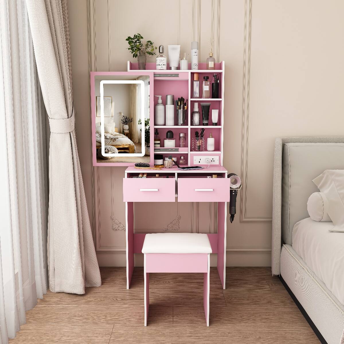 Alt View 2. Loheer - Loheer Small Makeup Vanity Desk with Mirror and Adjustable LED Lights, Pink - Pink.