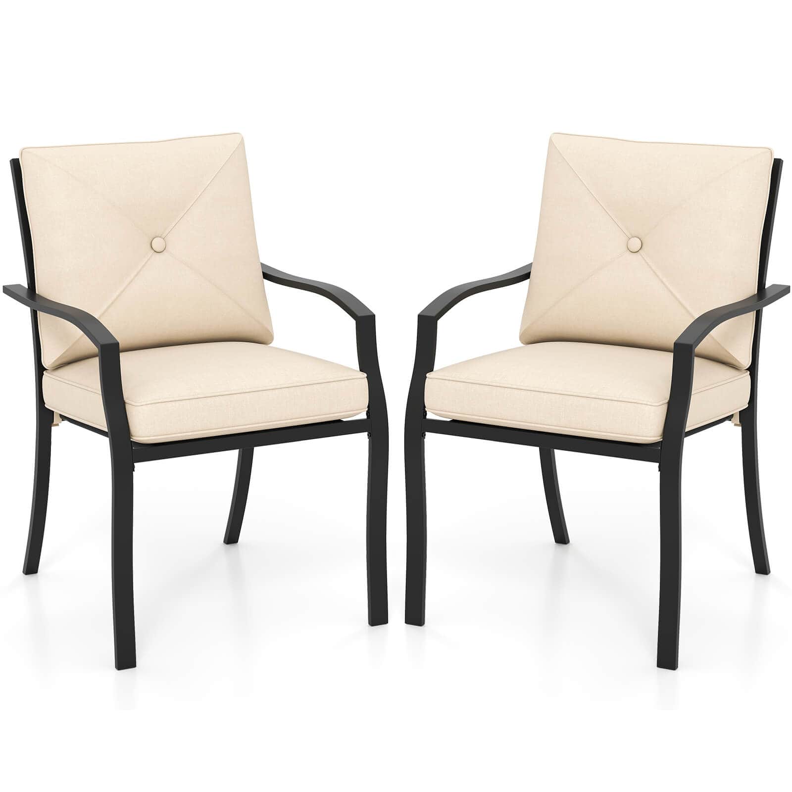Costway - Outdoor Patio Dining Chair Set of 2 Stackable Garden Chairs with Metal Frame - Beige+Black