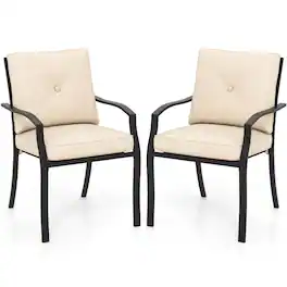Costway - Outdoor Patio Dining Chair Set of 2 Stackable Garden Chairs with Metal Frame - Beige+Black