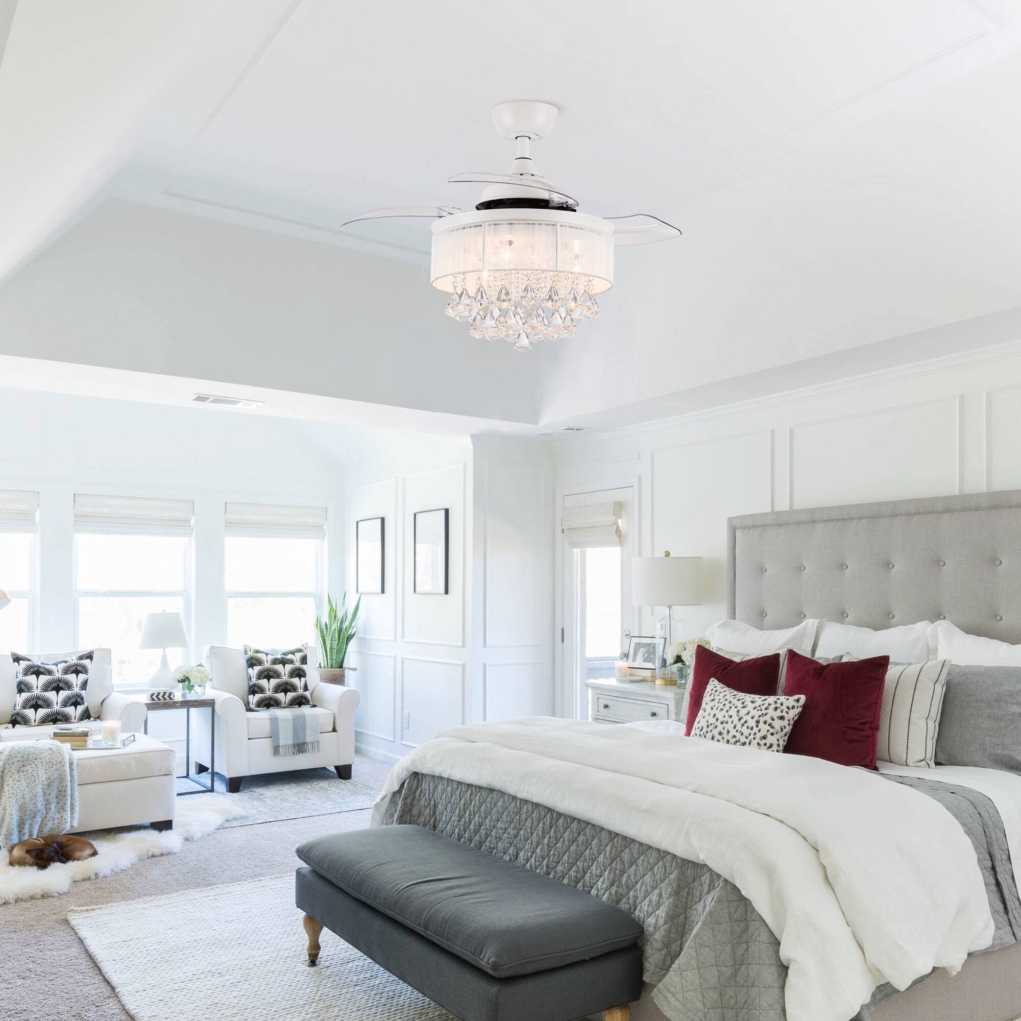 Back. Parrot Uncle - 36" White Retractable 3-blade Crystal Ceiling Fan Chandelier with Remote - Matte White.