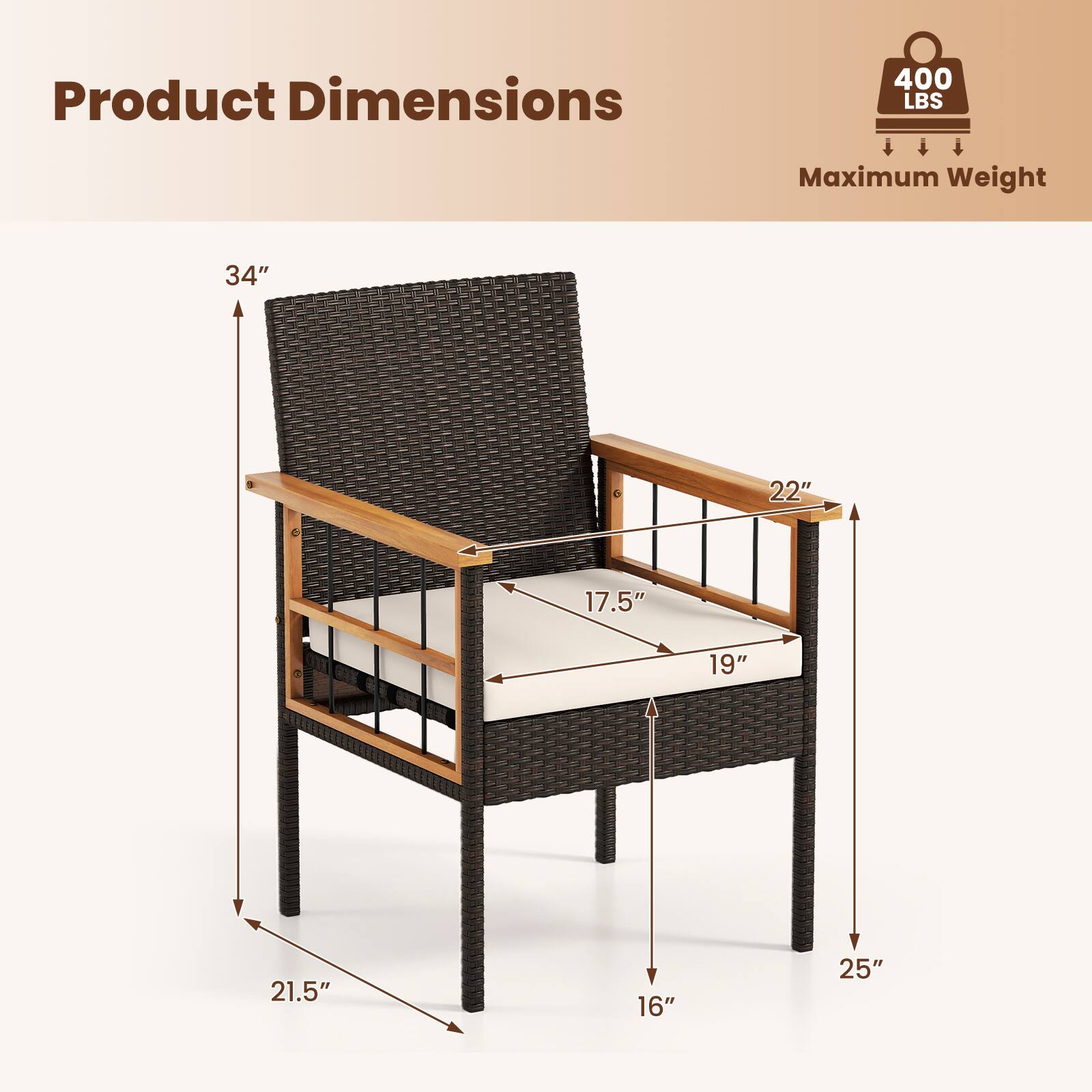 Product Dimensions  
Maximum Weight: 400 LBS  

- Height: 34"  
- Width: 22"  
- Depth: 25"  
- Seat Height: 19"  
- Seat Depth: 17.5"  
- Armrest Height: 21.5"  
- Overall Depth: 16"