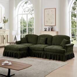 Anysun - Mid-Century L-Shape Chenille Sectional with Ottoman - Flared Arms, Ruffled Skirt & Spindle Legs - Green