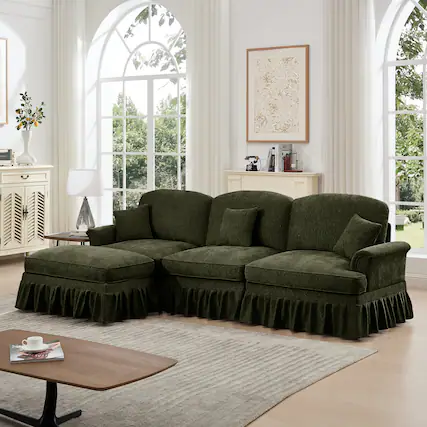 Front. Anysun - Mid-Century L-Shape Chenille Sectional with Ottoman - Flared Arms, Ruffled Skirt & Spindle Legs - Green.