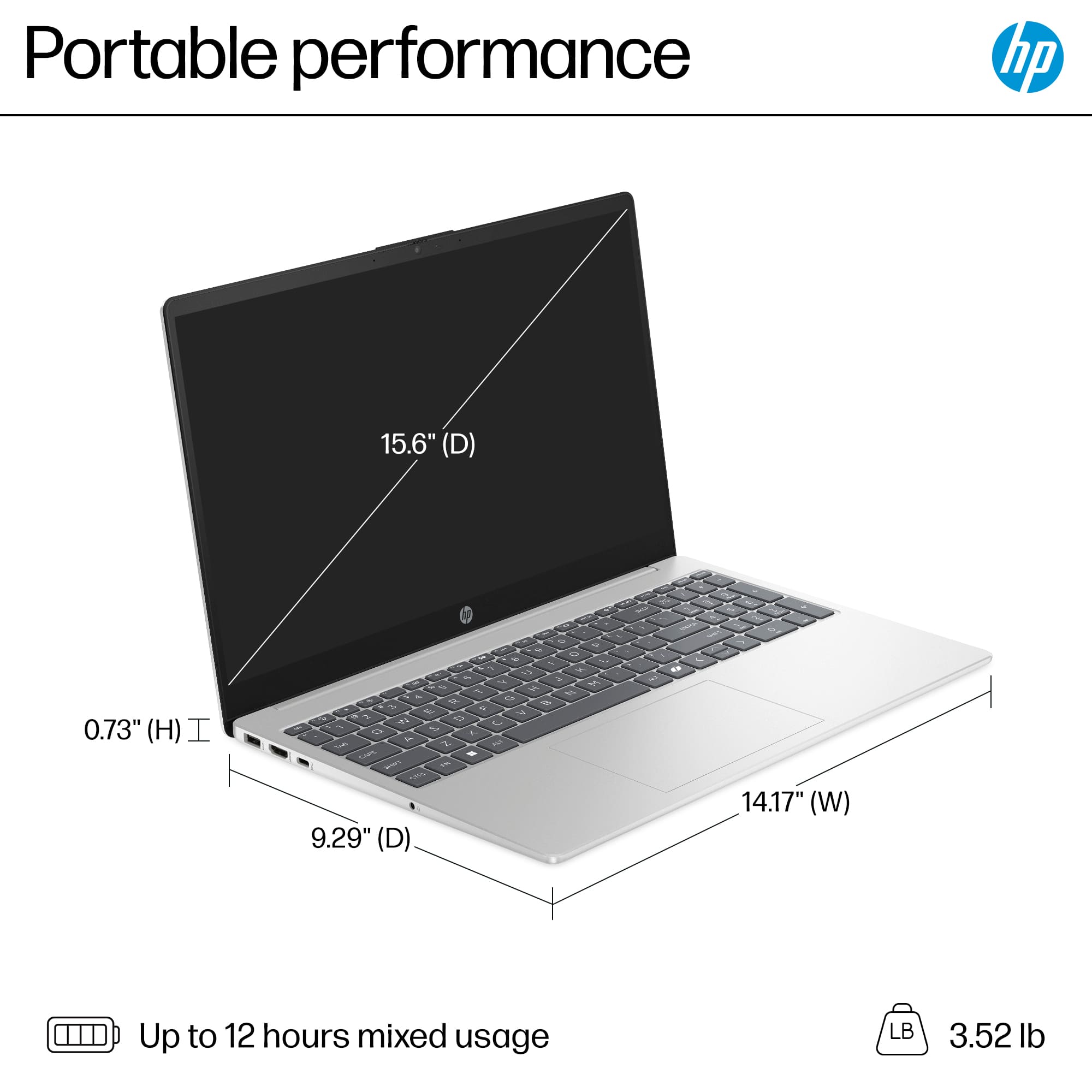 Portable Performance HP 15.6" (D) 0.73" (H) 0.73" (W) Up to 12 hours mixed usage 3.52 lb