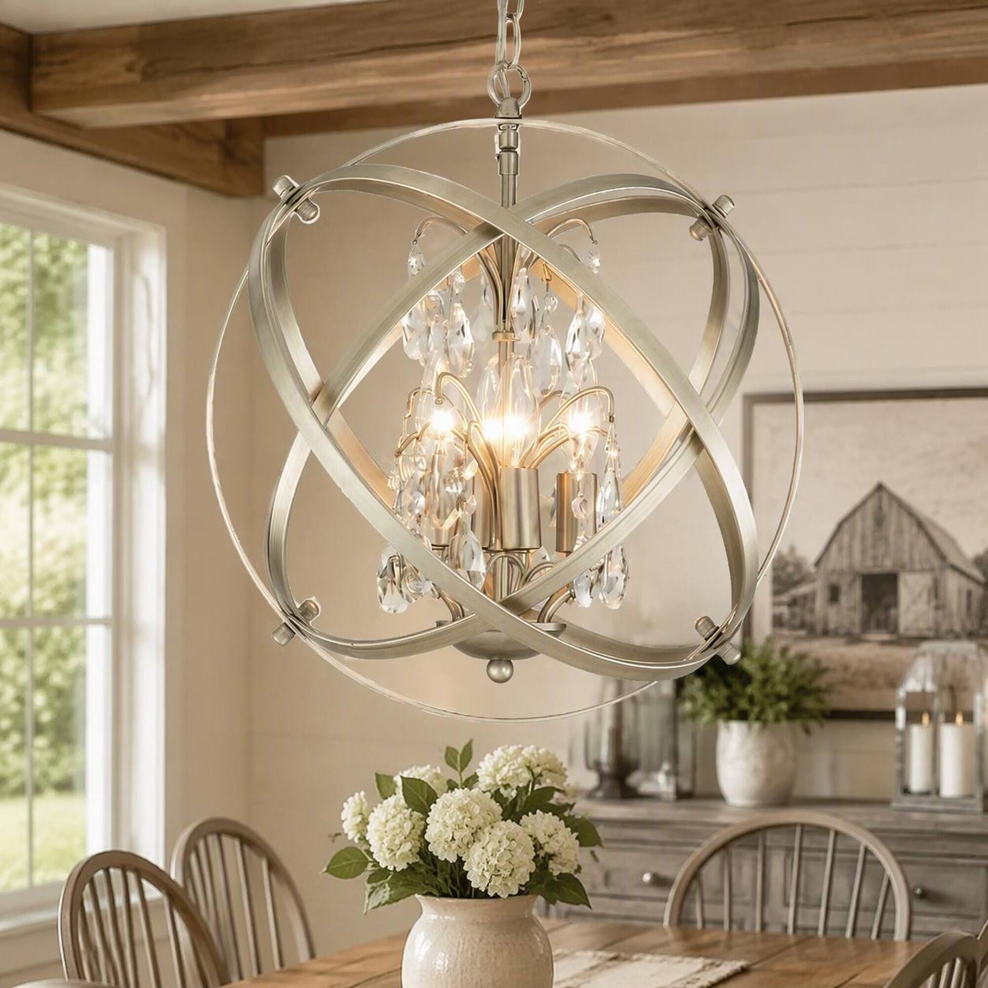 Front. RYHNUYNE - 4-Light Cage Crystal Chandelier, Modern Globe Metal Pendant Adjustable Farmhouse Hanging Fixture - Champagne.