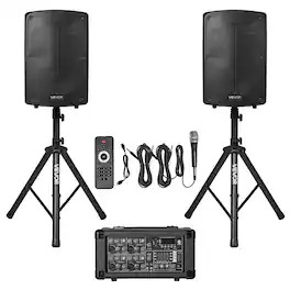 VEVOR - Professional PA System, 800W Powered, Sound System Set with 6 Channel Mixer, Dual Speakers, Wireless Bluetooth - Black