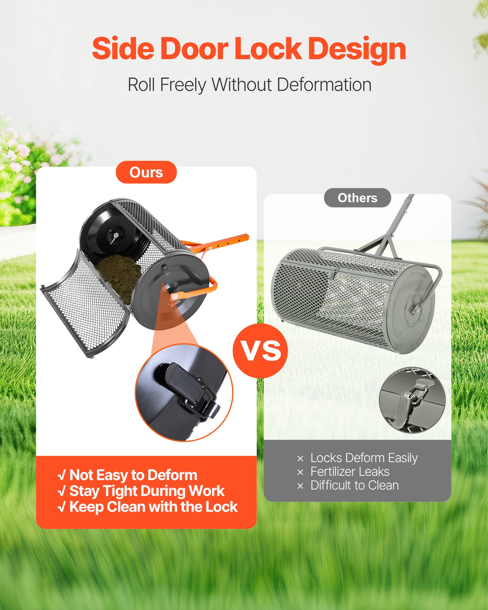 Side Door Lock Design  
Roll Freely Without Deformation  

Ours  
✓ Not Easy to Deform  
✓ Stay Tight During Work  
✓ Keep Clean with the Lock  

VS  

Others  
× Locks Deform Easily  
× Fertilizer Leaks  
× Difficult to Clean