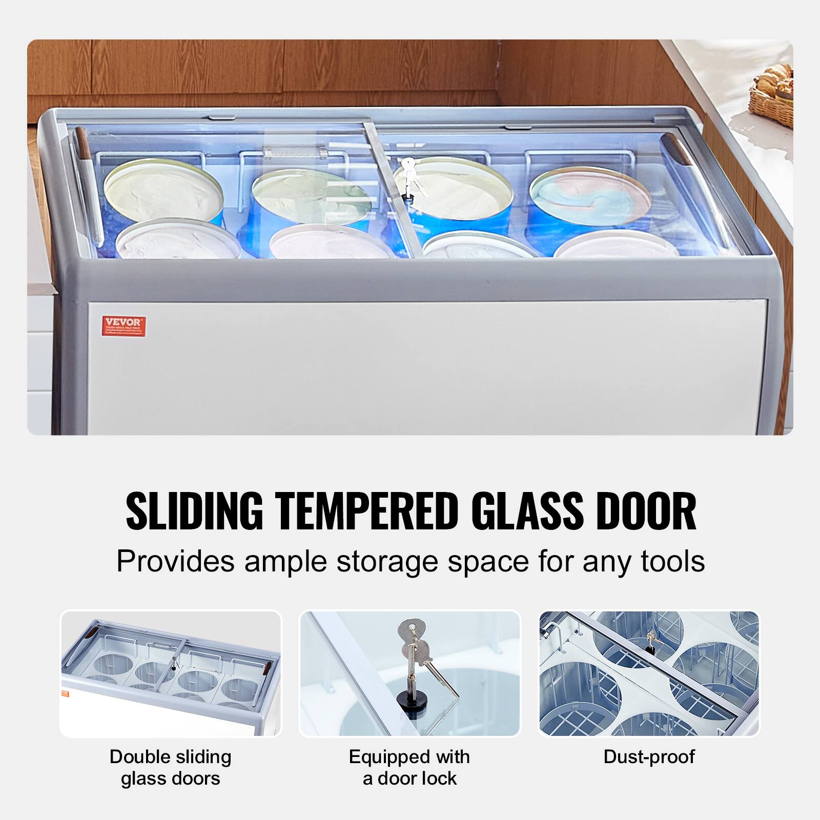 SLIDING TEMPERED GLASS DOOR
Provides ample storage space for any tools
Double sliding glass doors
Equipped with a door lock
Dust-proof