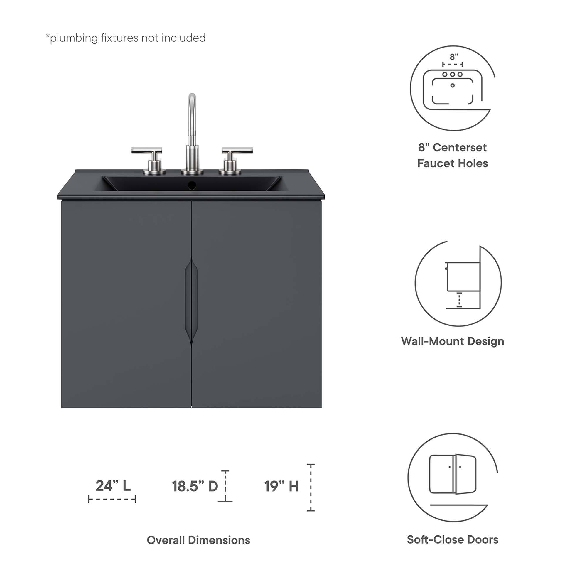 *plumbing fixtures not included

8" Centerset Faucet Holes

Wall-Mount Design

24" L x 18.5" D x 19" H Overall Dimensions

Soft-Close Doors