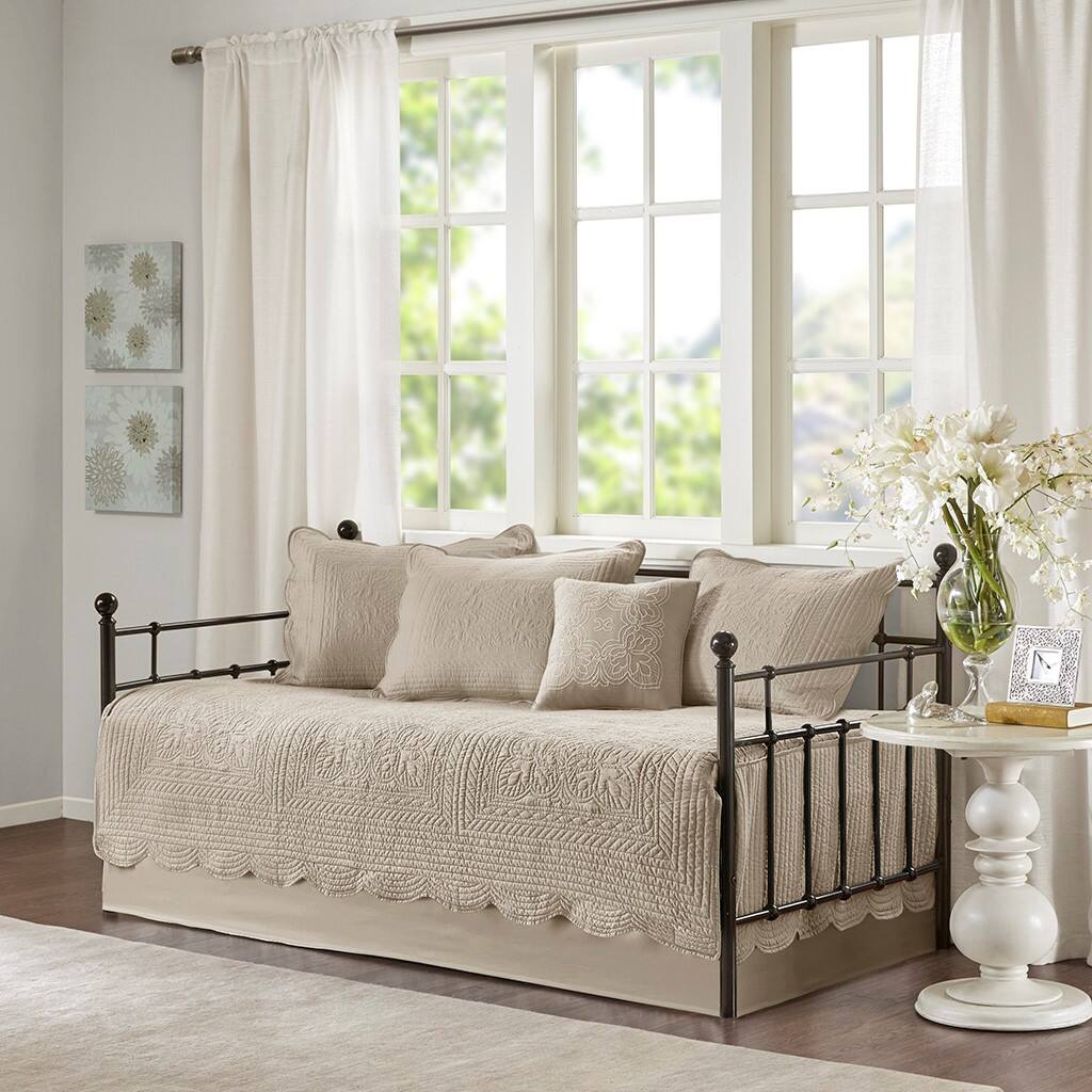 Alt View 1. Gracie Mills - Gracie Mills Salvatore 6-Piece Reversible Cottage-Inspired Scalloped Edges Daybed Set - Khaki.