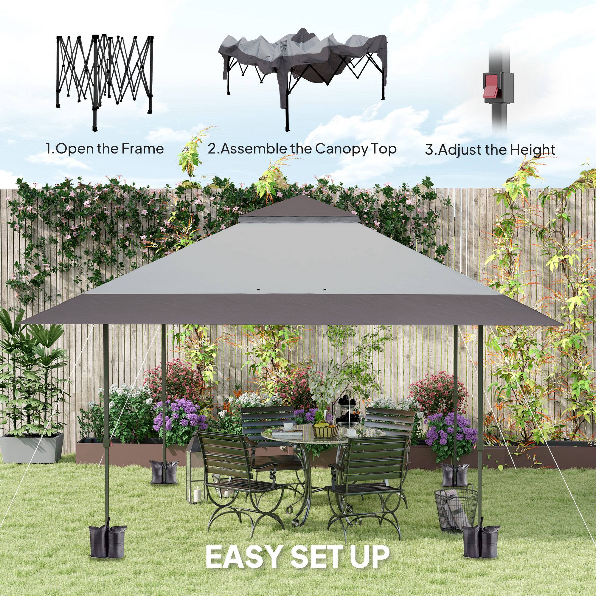 1. Open the Frame  
2. Assemble the Canopy Top  
3. Adjust the Height  

EASY SET UP
