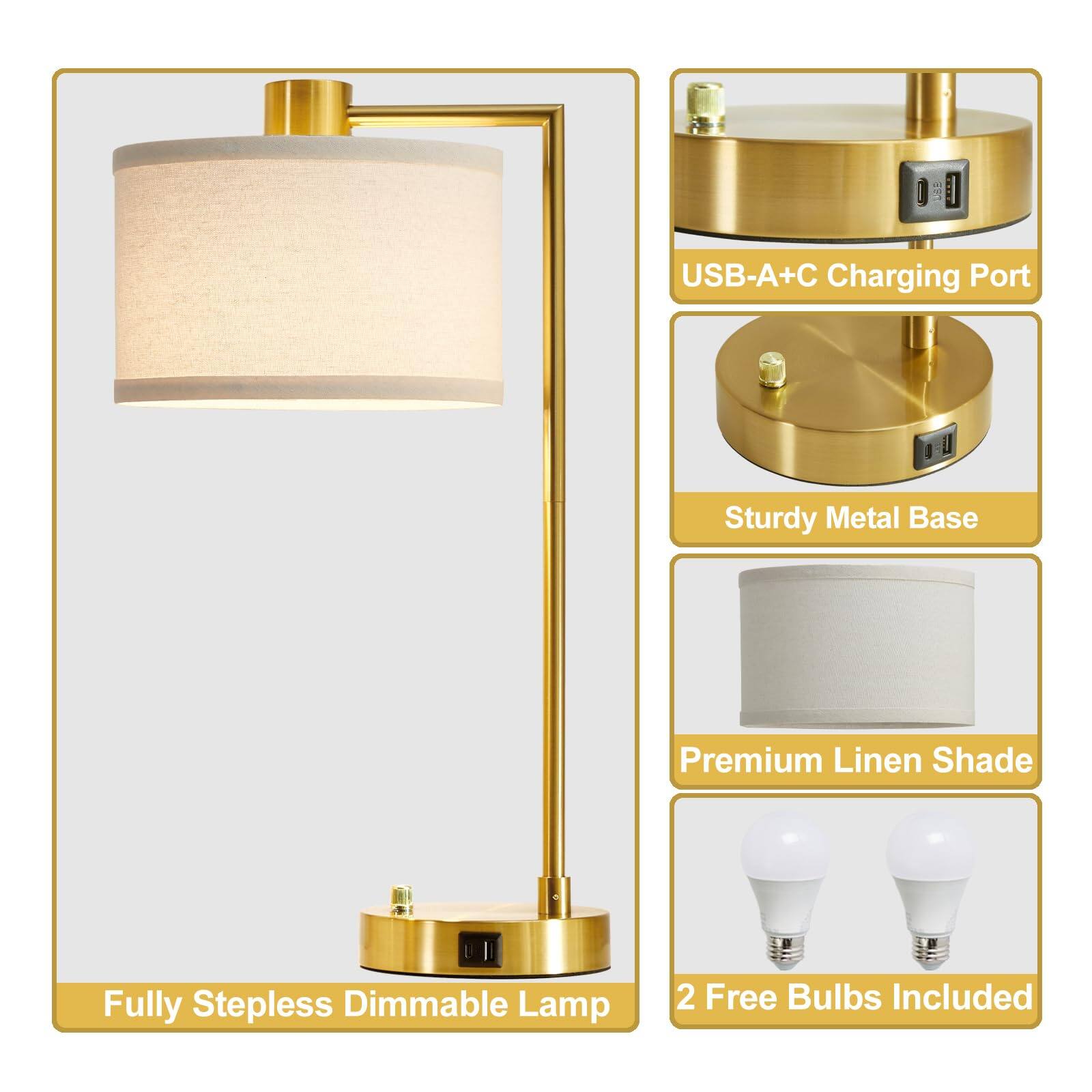 USB-A+C Charging Port  
Sturdy Metal Base  
Premium Linen Shade  
Fully Stepless Dimmable Lamp  
2 Free Bulbs Included