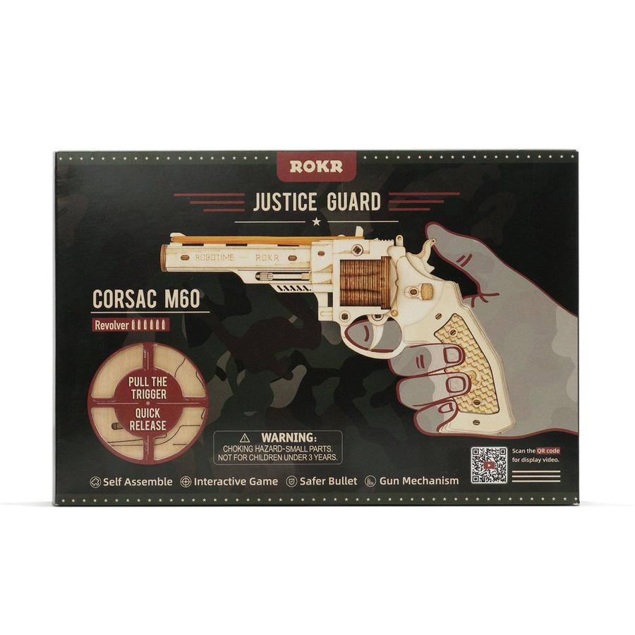 ROKR  
JUSTICE GUARD  

CORSAC M60  
Revolver  

PULL THE TRIGGER QUICK RELEASE  

WARNING: CHOKING HAZARD - SMALL PARTS NOT FOR CHILDREN UNDER 3 YEARS.  

Self Assemble  
Interactive Game  
Safe Bullet  
Gun Mechanism  

Scan the QR code for display video.