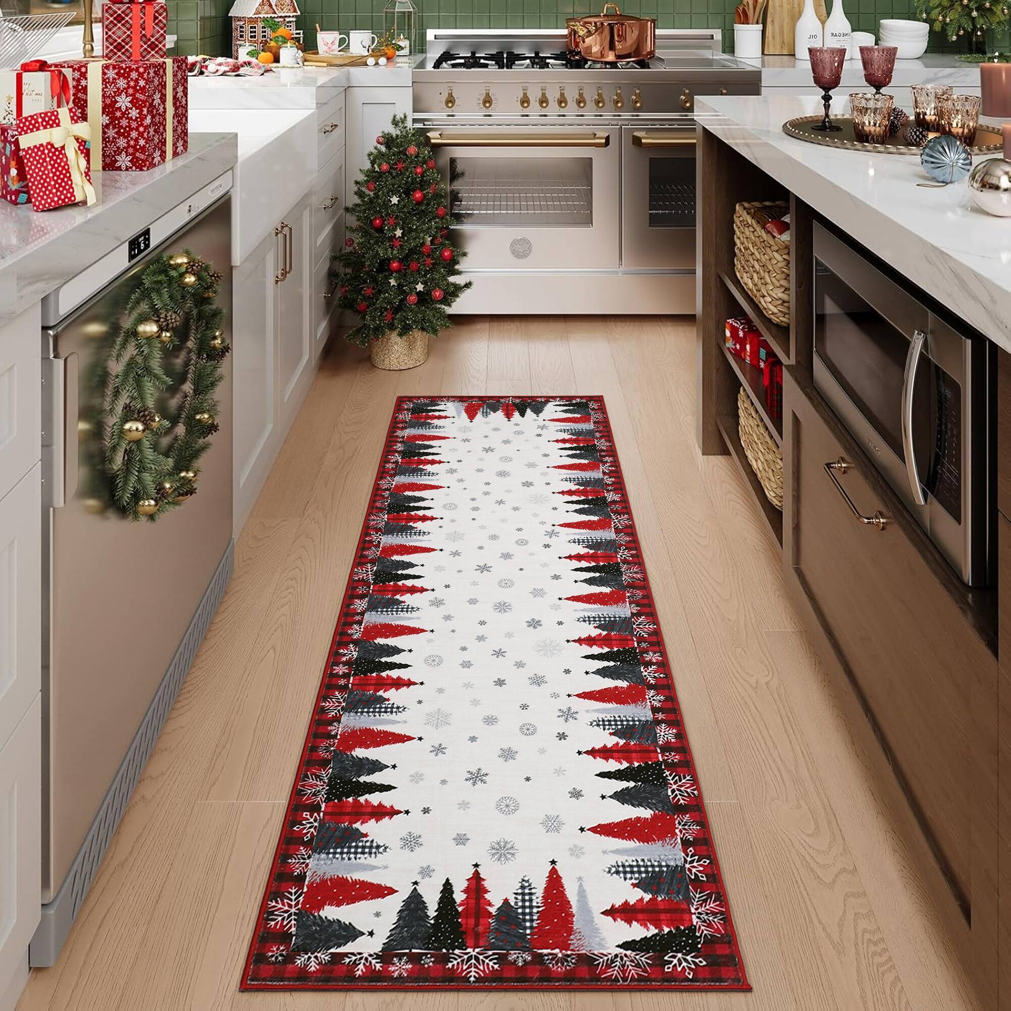 Alt View 1. Jojoka - 2x10 ft Red Christmas Area Rug, Tree Snowflake Checkered Print, Washable, Non-Slip, Holiday Living Room - Red.