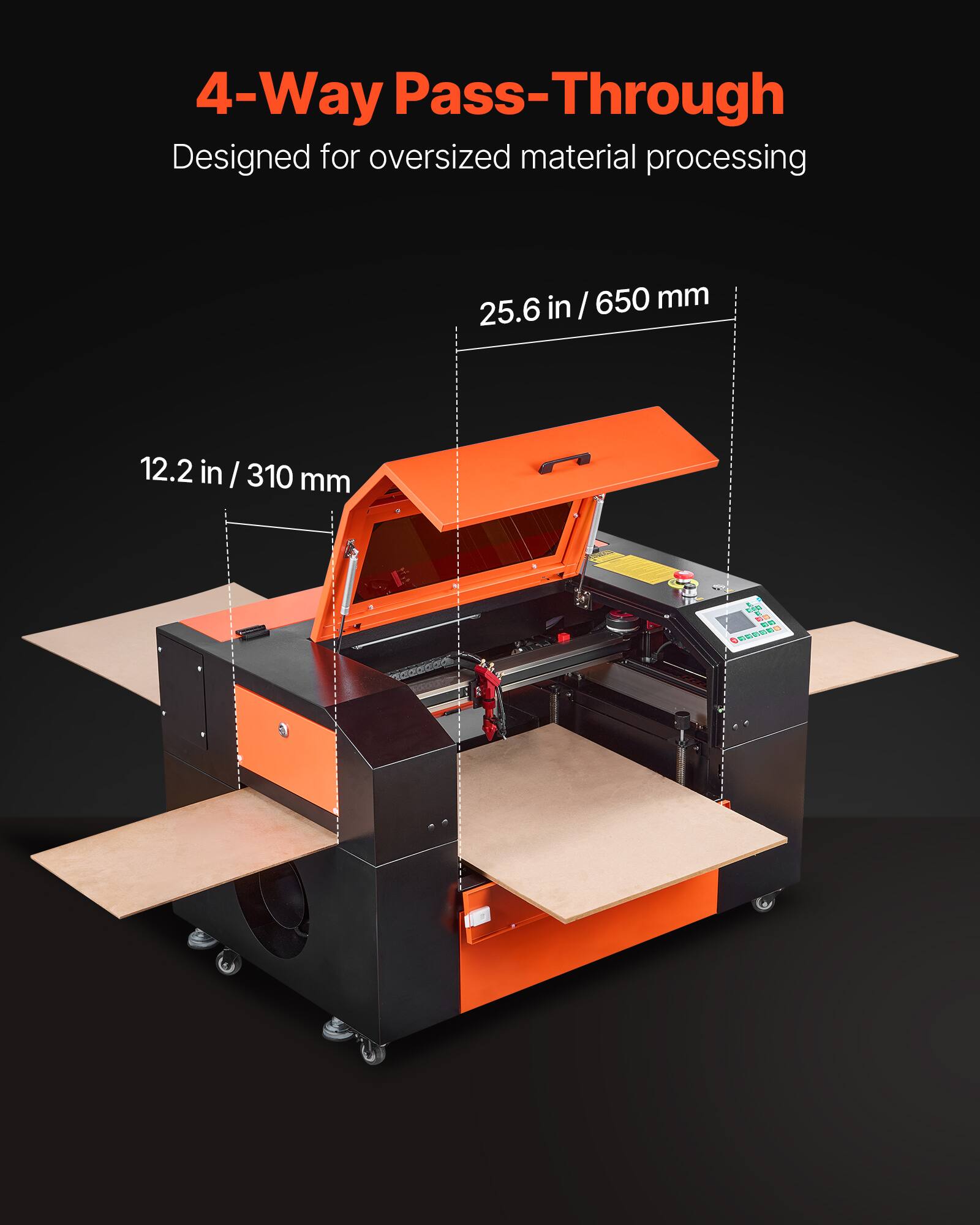 4-Way Pass-Through  
Designed for oversized material processing  

25.6 in / 650 mm  
12.2 in / 310 mm
